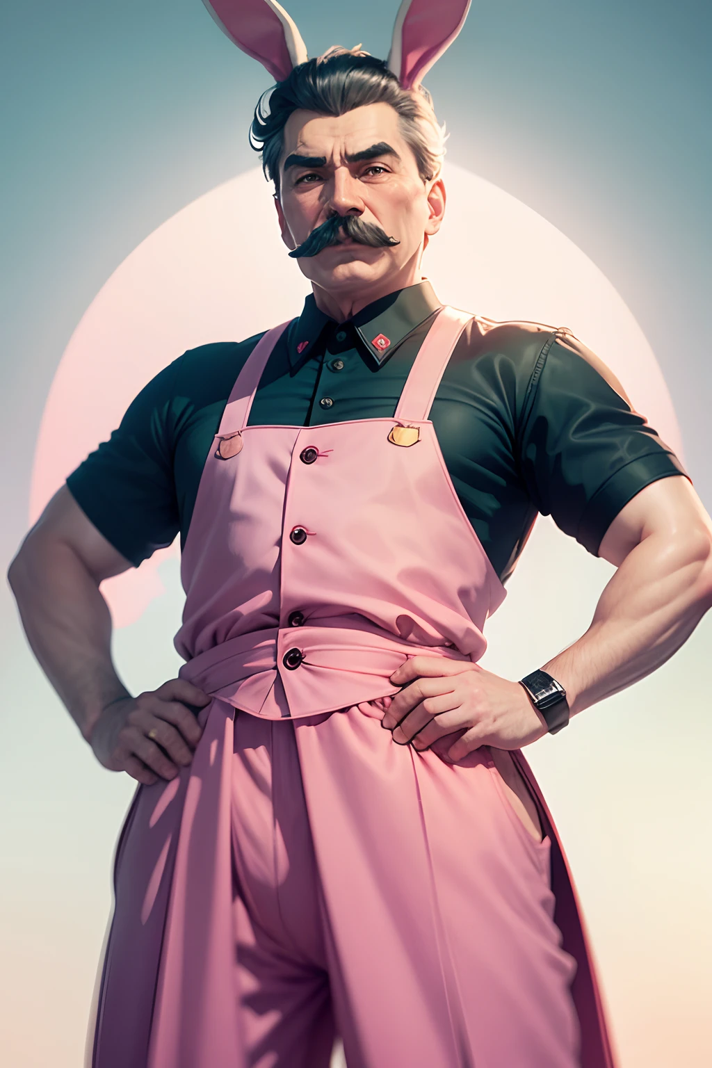 Stalin as senpai guy wearing rabbit form with bunny ears, during an official audience, Joseph Stalin, very pink, cute, fine texture, smooth, cute, incredibly lifelike.