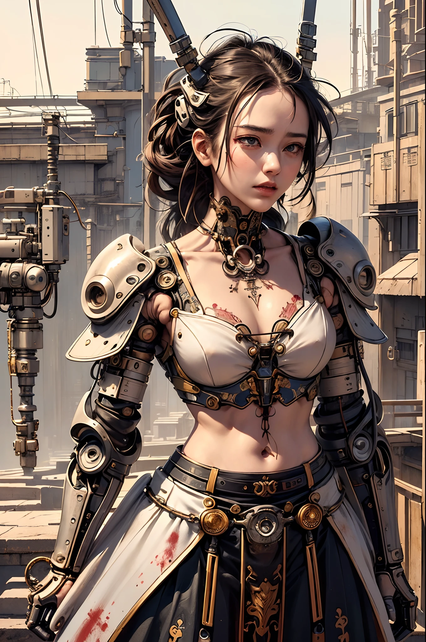 (((masterpiece)))、(((top-quality)))、((ultra-definition))、(High Definition CG Illustration)、((extremely delicate and beautiful))、ciinematic light、((1 Mechanical Girl) )、独奏、(Cowboy Shots: 1.2)、(Mechanical joint: 1.2)、((Mechanical limbs))、(blood vessels connected to tubes)、(Mechanical vertebrae attached to the back)、((Mechanical cervical vertebrae attached to neck) )、deadpan、(Wires and cables attached to the neck:1.2)、(Head wires and cables:1.2)、(charactor focus)、nffsw、ighly detailed、colourfull、best detailed、long、the wind、Background with、(Complex tattoo on the abdomen:1.3)