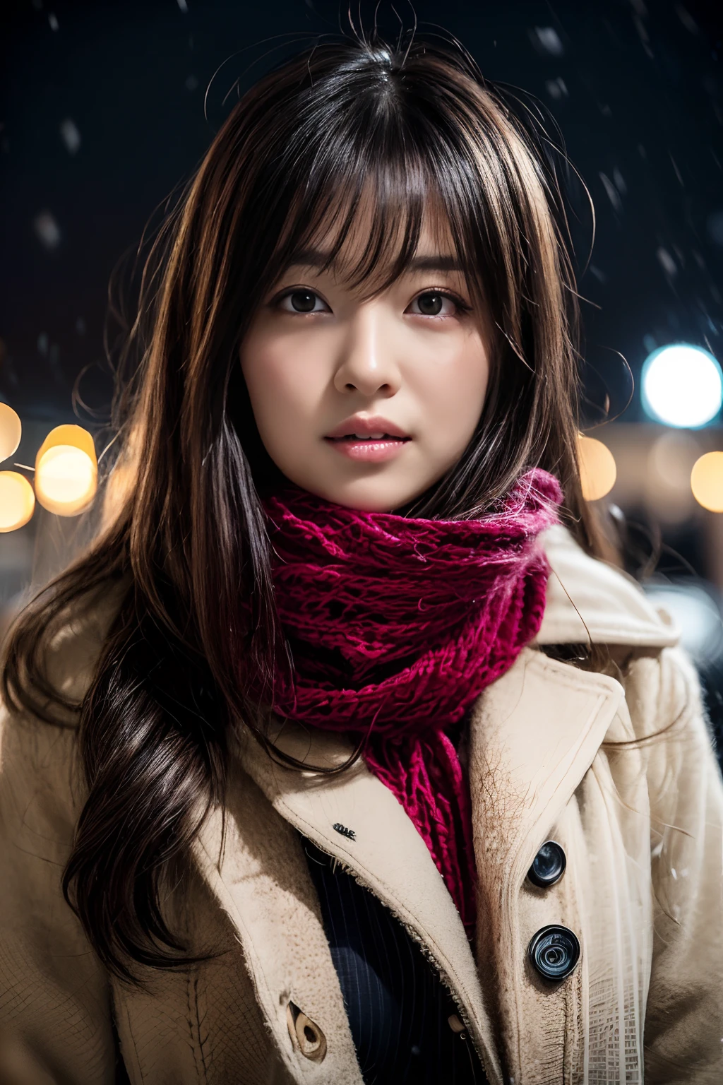((no-makeup、closes mouth:1.2))、(realisitic、Photorealsitic、ultra-detailliert、Highest Details Skins、top-quality、masterpiece、超A high resolution)、Cute Japan Woman、17 age、hi-school girl、younggirl、1 girl in、I have bangs、二重まぶた、drooing eyes、Japanese style face、purity、double tooth、Realistic skin type、Thick muffler、Grey muffler、fluffy hair、((Hair is inside the scarf:1.3))、Red cheeks、The wind is blowing、It's snowing、natta、illuminations、Lighting from behind