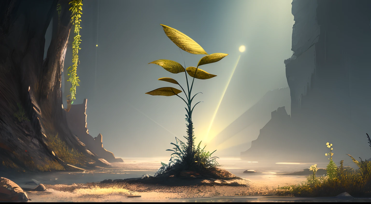 representation of a young plant growing alone in a difficult place, glow effect, hyperdetailed