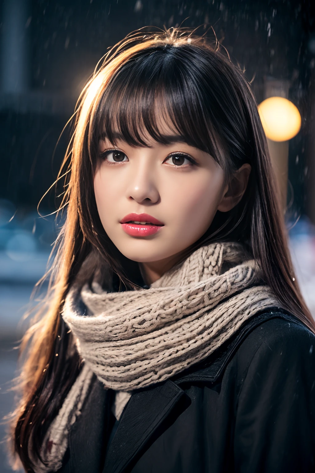 ((no-makeup、closes mouth:1.2))、(realisitic、Photorealsitic、ultra-detailliert、Highest Details Skins、top-quality、​masterpiece、超A high resolution)、Cute Japan Woman、17 age、hi-school girl、younggirl、1 girl in、I have bangs、二重まぶた、drooing eyes、Japanese style face、purity、double tooth、Realistic skin type、Thick muffler、Grey muffler、fluffy hair、((Hair is inside the scarf:1.3))、Red cheeks、The wind is blowing、It's snowing、natta、illuminations、Lighting from behind
