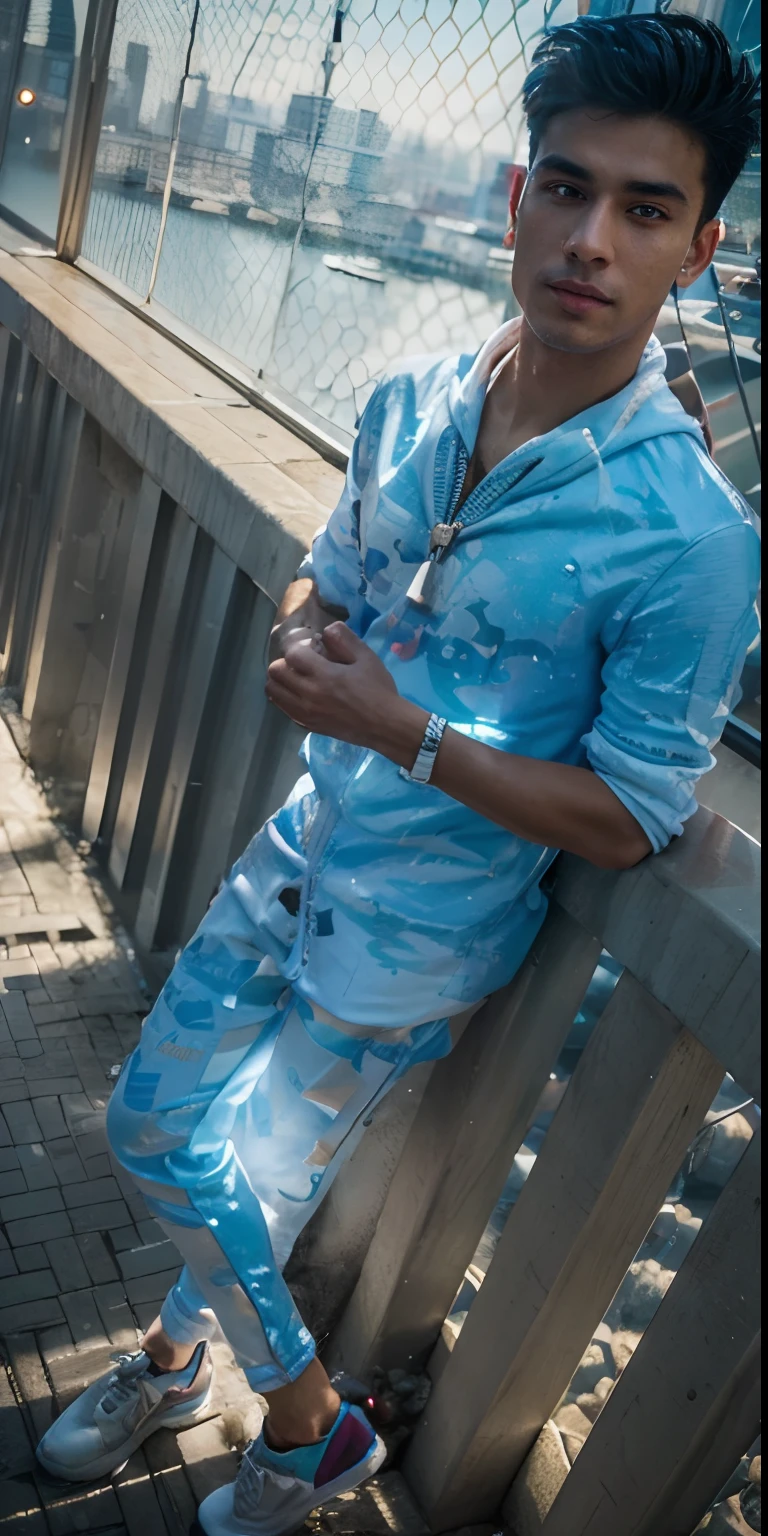(Best quality,Ultra-detailed,Realistic:1.37),half-body portrait,oriental male,pupils,dressed in casual attire,Hooded sweatshirt,One eye glows blue light,attractive young man,Portrait of the upper body on the front,Sharp focus,Handsome face,trendy hair,Blue eyes,a slight smile on the corners of the mouth,Strong gaze,strong jawline,Fine facial features,Neat appearance,fashion sense,confident pose,Vivid colors,Soft lighting,Behind it is the city and the bizarre light