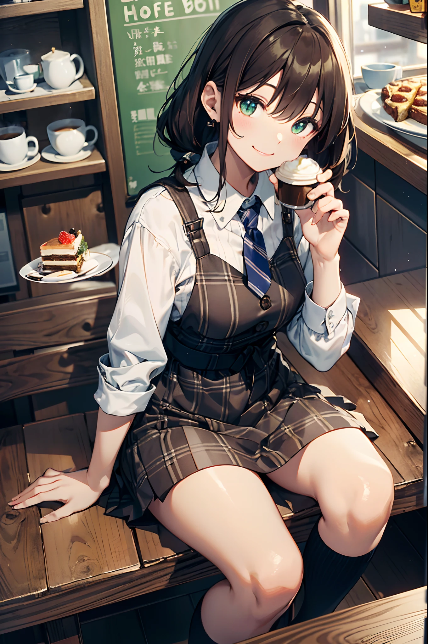 masterpiece、Highest image quality、ultra high resolution、big breasted elementary school girl、short hair、red face、shyly、mock、Please open your mouth just a little、short sleeve casual clothes、Casual mini skirt for elementary school girls、Thigh-high socks for elementary school girls、Beret for elementary school girls、Inside the coffee lounge、Sitting at the counter