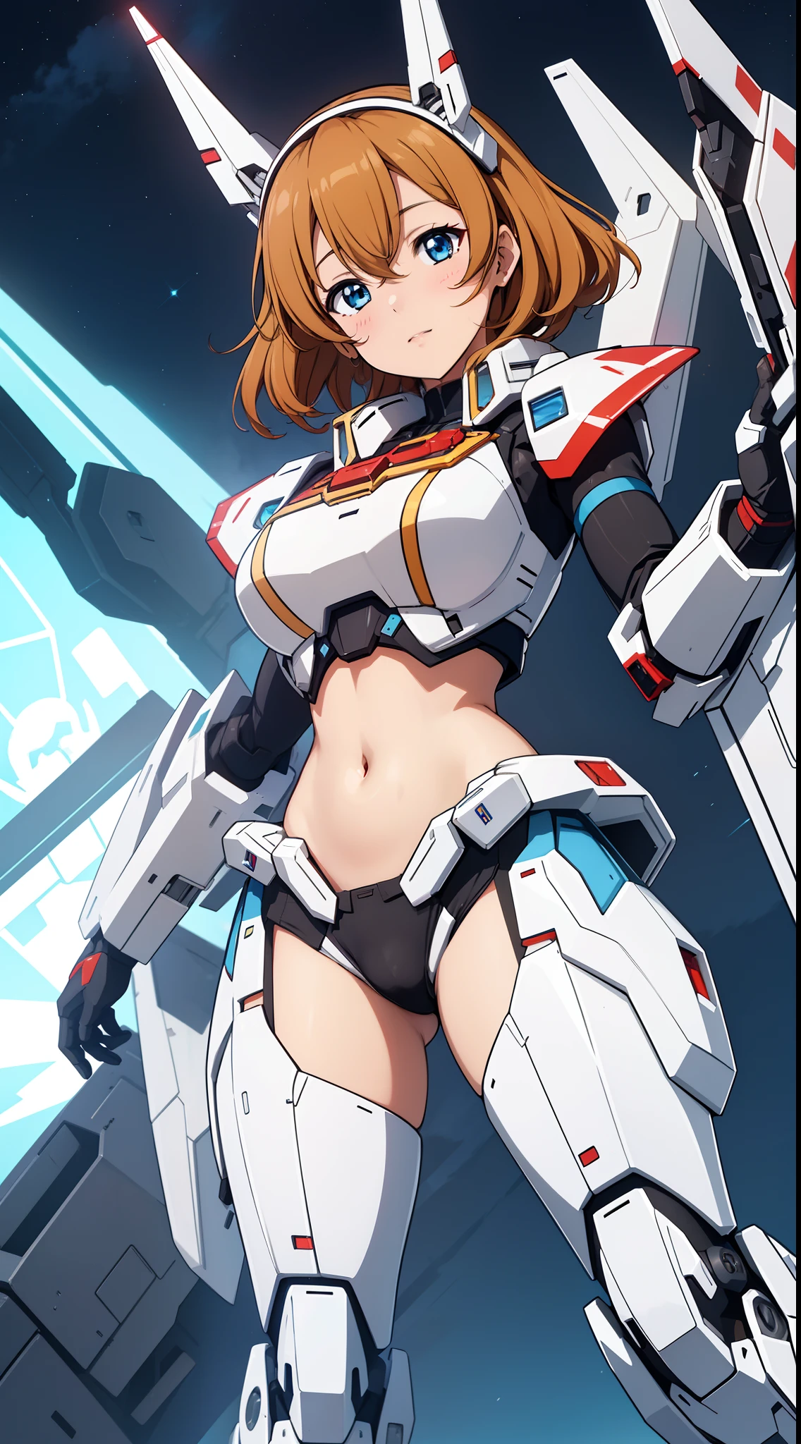 Kousaka honoka, ferra white mecha, fully robotic!! girl, on a gundam, female mecha, arasaka mech, white mecha, mechanized valkyrie girl, girl with warship parts, jetfire!!!!!, gunpla, railgun, fully robotic!! catgirl, mobile suit,navel cutout