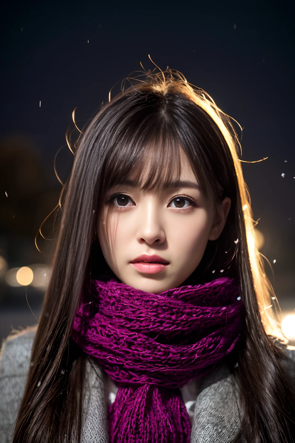 ((no-makeup、closes mouth:1.2))、(realisitic、Photorealsitic、ultra-detailliert、Highest Details Skins、top-quality、​masterpiece、超A high resolution)、Cute Japan Woman、17 age、hi-school girl、younggirl、1 girl in、I have bangs、二重まぶた、drooing eyes、Japanese style face、purity、double tooth、Realistic skin type、Thick muffler、Grey muffler、fluffy hair、((Hair is inside the scarf:1.3))、Red cheeks、The wind is blowing、It's snowing、natta、illuminations、Lighting from behind