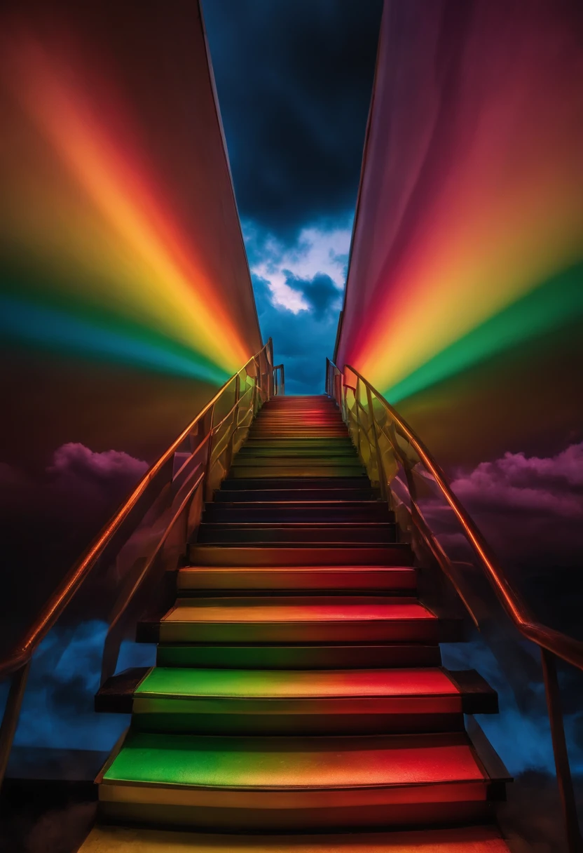 A close-up of a staircase leading to a sky with a rainbow, a stairway to a very colorful heaven. The sky is filled with rainbow-colored clouds. This staircase leads from hell to heaven, reflecting the colors of heaven. It leads to a colorful sky with rainbow-colored clouds. The pathway is known as the Rainbow trail, appearing like rainbow-colored eyes. The scene is filled with beautiful colors, a colorful sky, rainbow color, heaven, a psychedelic sky, a colorful image, and wonderful colors.