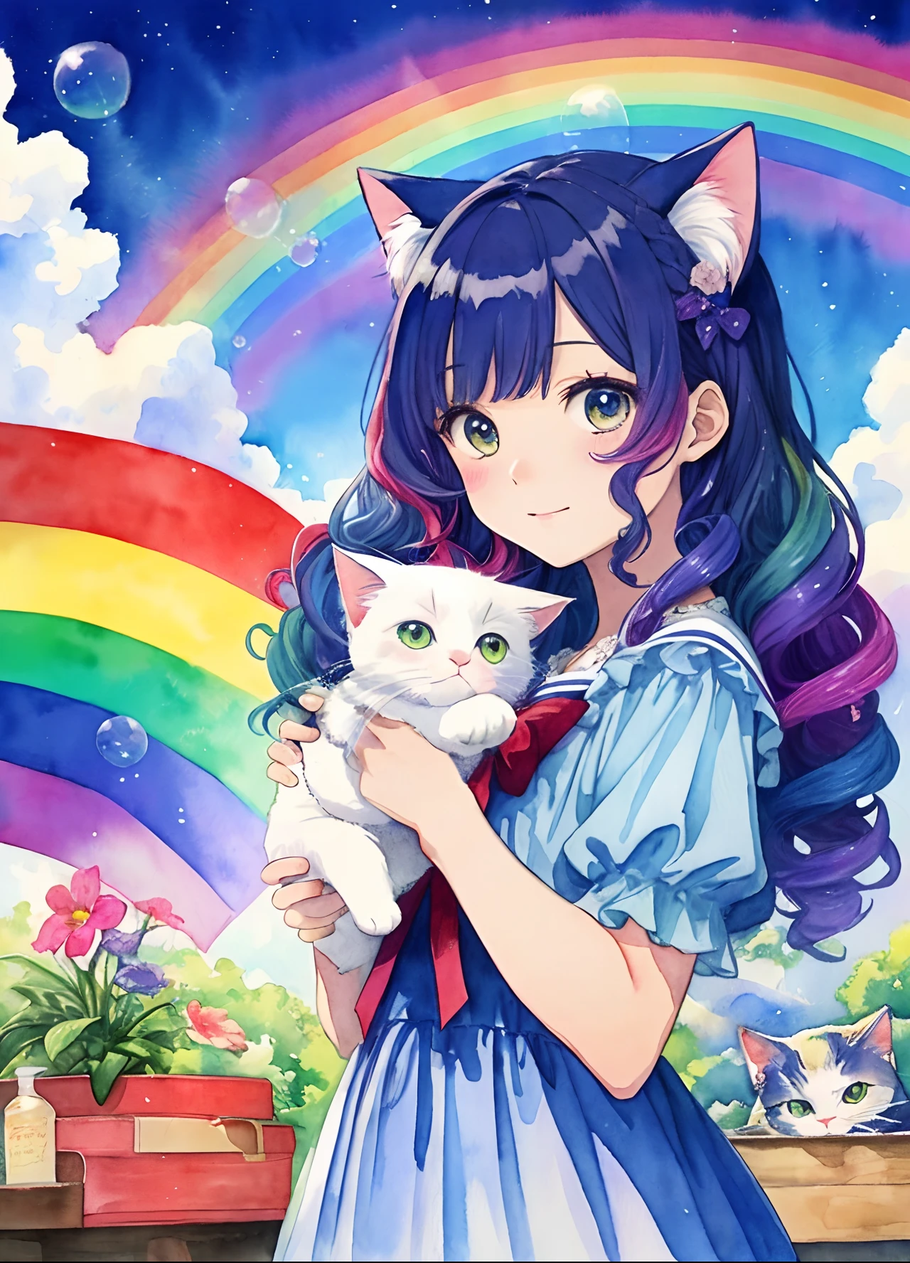 Yumekawa 、Cute as a dream、a pale、Moya、(​masterpiece、top-quality、top-quality、watercolor paiting(Curly)、Take a cute cat、Official art、Beautifully Aesthetic:1.2)、(a beauty girl:1.3)、patterns、(rainbow-colored hair、colourful hair:1.2)、Soap bubbles、Rainbow behind、​​clouds、colourfull、Soap bubbles、Hair spreads throughout、kawaii、pastels、Large ribbon、Lovely room、Rainbow Cat Plush Toy