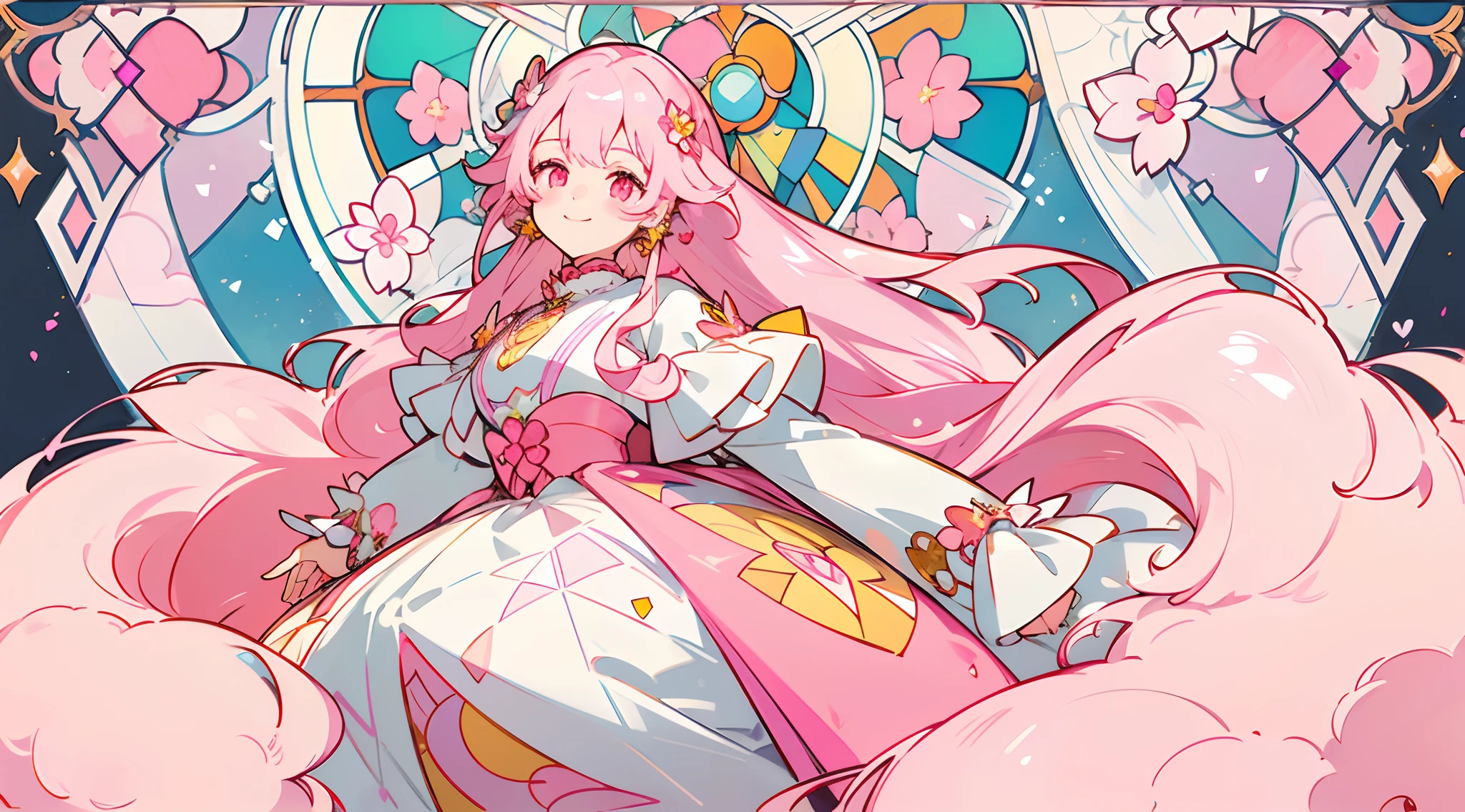 (The skin is not exposed, Long sleeve blouse with ruffles), (Solo), Very cute girl (1), Peach and colorful flowers on background, Large stained glass windows、 sunlight shining through, ((Pink super long hair, Tied hair Earring Color)), (Super smile), Dynamism, (Pink eyes), (kirakira) (Detail Objects)