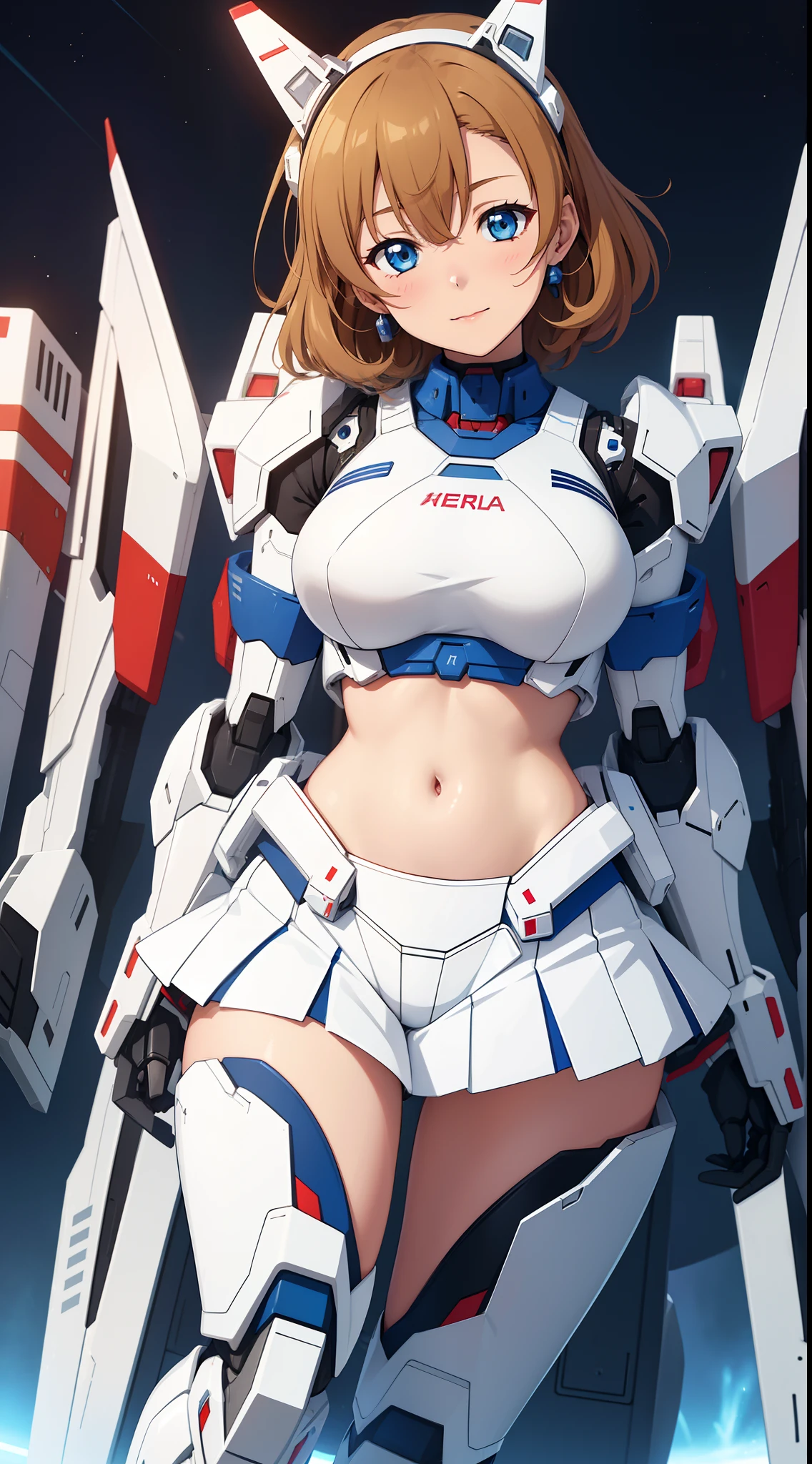 Kousaka honoka, ferra white mecha, fully robotic!! girl, on a gundam, female mecha, arasaka mech, white mecha, mechanized valkyrie girl, girl with warship parts, jetfire!!!!!, gunpla, railgun, fully robotic!! catgirl, mobile suit,navel cutout,on eye closed,(smile:0.677)