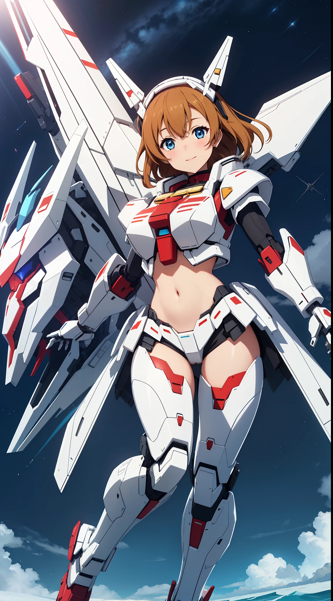 Kousaka honoka, ferra white mecha, fully robotic!! girl, on a gundam, female mecha, arasaka mech, white mecha, mechanized valkyrie girl, girl with warship parts, jetfire!!!!!, gunpla, railgun, fully robotic!! catgirl, mobile suit,navel cutout,on eye closed,(smile:0.677)