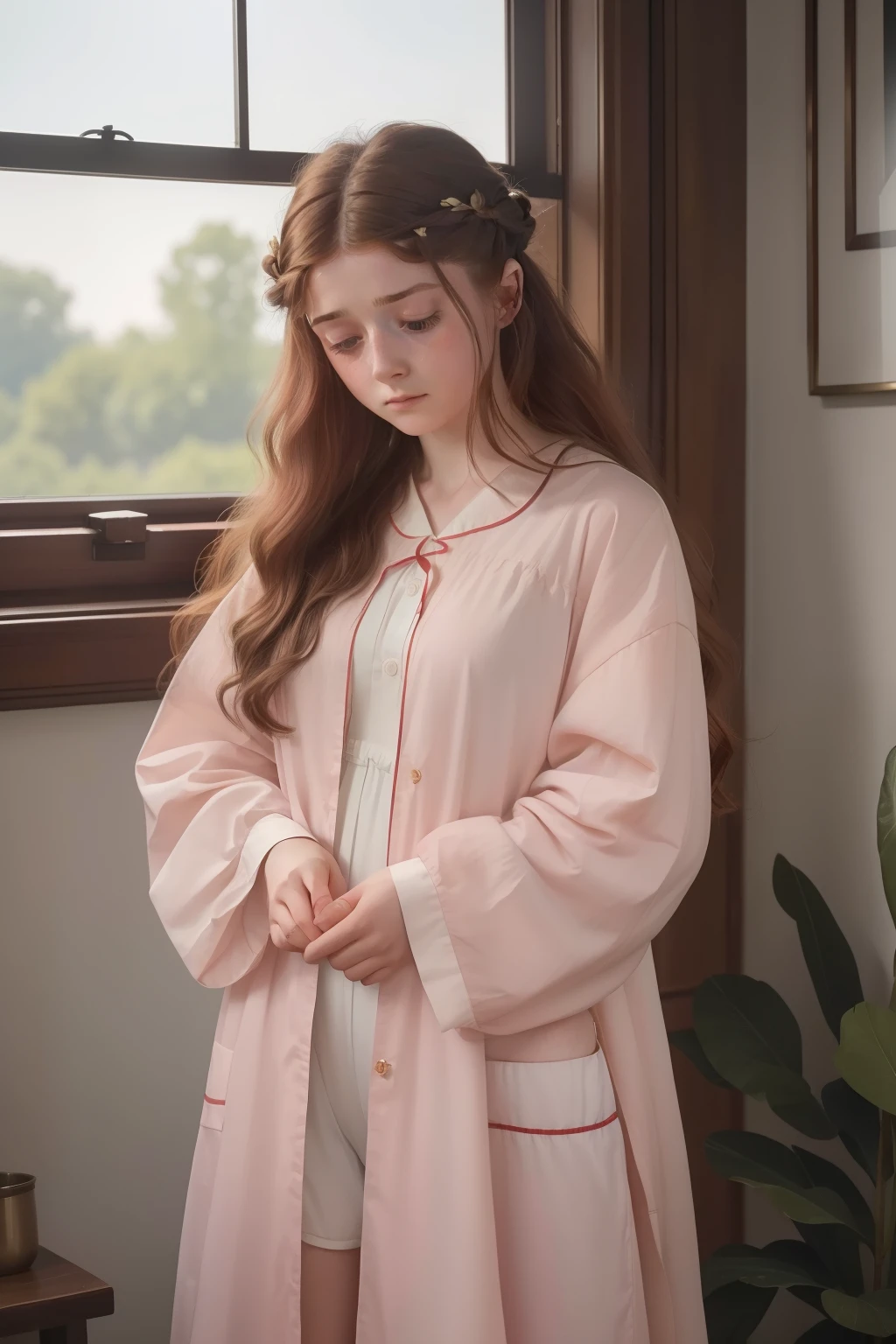 year: 2023. Location: England. Pre-Raphaelite scene with a 30-year-old Thomasin McKenzie, hospital pyjammas, sad, crying, big tears, ((((Clothing from the 2020s)))) ((Hairstyle of the 2020s)), ((("OMITB" cinematography)))