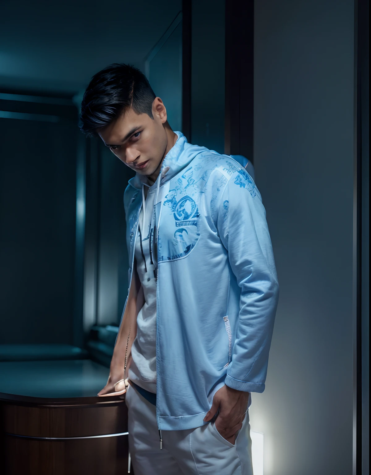 (Best quality,Ultra-detailed,Realistic:1.37),half-body portrait,oriental male,pupils,dressed in casual attire,Hooded sweatshirt,One eye glows blue light,attractive young man,Portrait of the upper body on the front,Sharp focus,Handsome face,trendy hair,Blue eyes,a slight smile on the corners of the mouth,Strong gaze,strong jawline,Fine facial features,Neat appearance,fashion sense,confident pose,Vivid colors,Soft lighting,Behind it is the city and the bizarre light