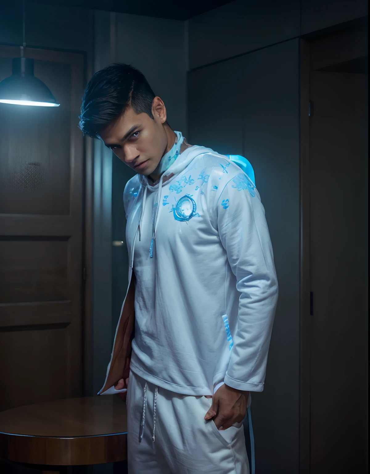 (Best quality,Ultra-detailed,Realistic:1.37),half-body portrait,oriental male,pupils,dressed in casual attire,Hooded sweatshirt,One eye glows blue light,attractive young man,Portrait of the upper body on the front,Sharp focus,Handsome face,trendy hair,Blue eyes,a slight smile on the corners of the mouth,Strong gaze,strong jawline,Fine facial features,Neat appearance,fashion sense,confident pose,Vivid colors,Soft lighting,Behind it is the city and the bizarre light