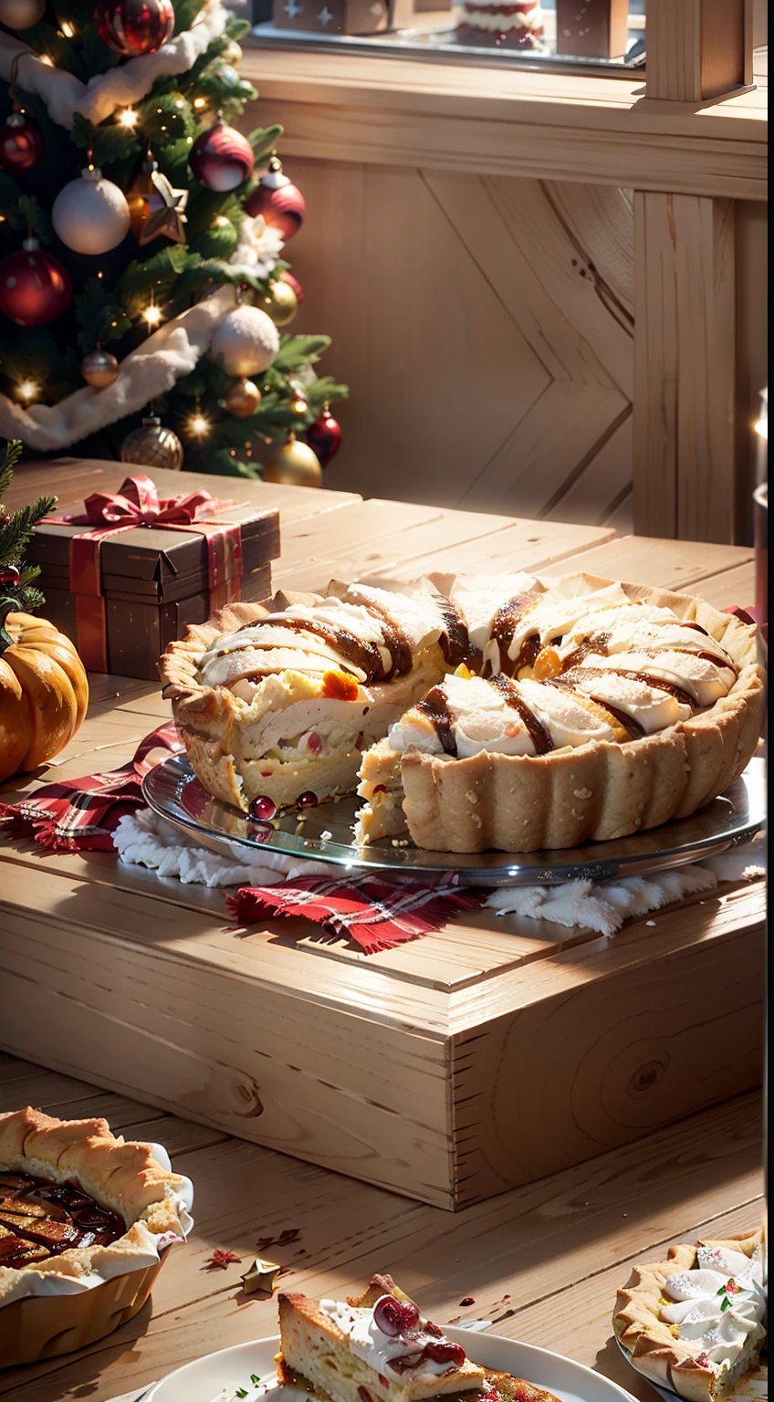 Extreme close-up，Clear，tmasterpiece，Christmas table，It stores delicious food，red wine，grilled chicken，Pumpkin pie，gingerbread，Bright natural light，Surrounded by several beautiful gift boxes，liveroom，C4D，Empty product display scene，Positive perspective，first-person view