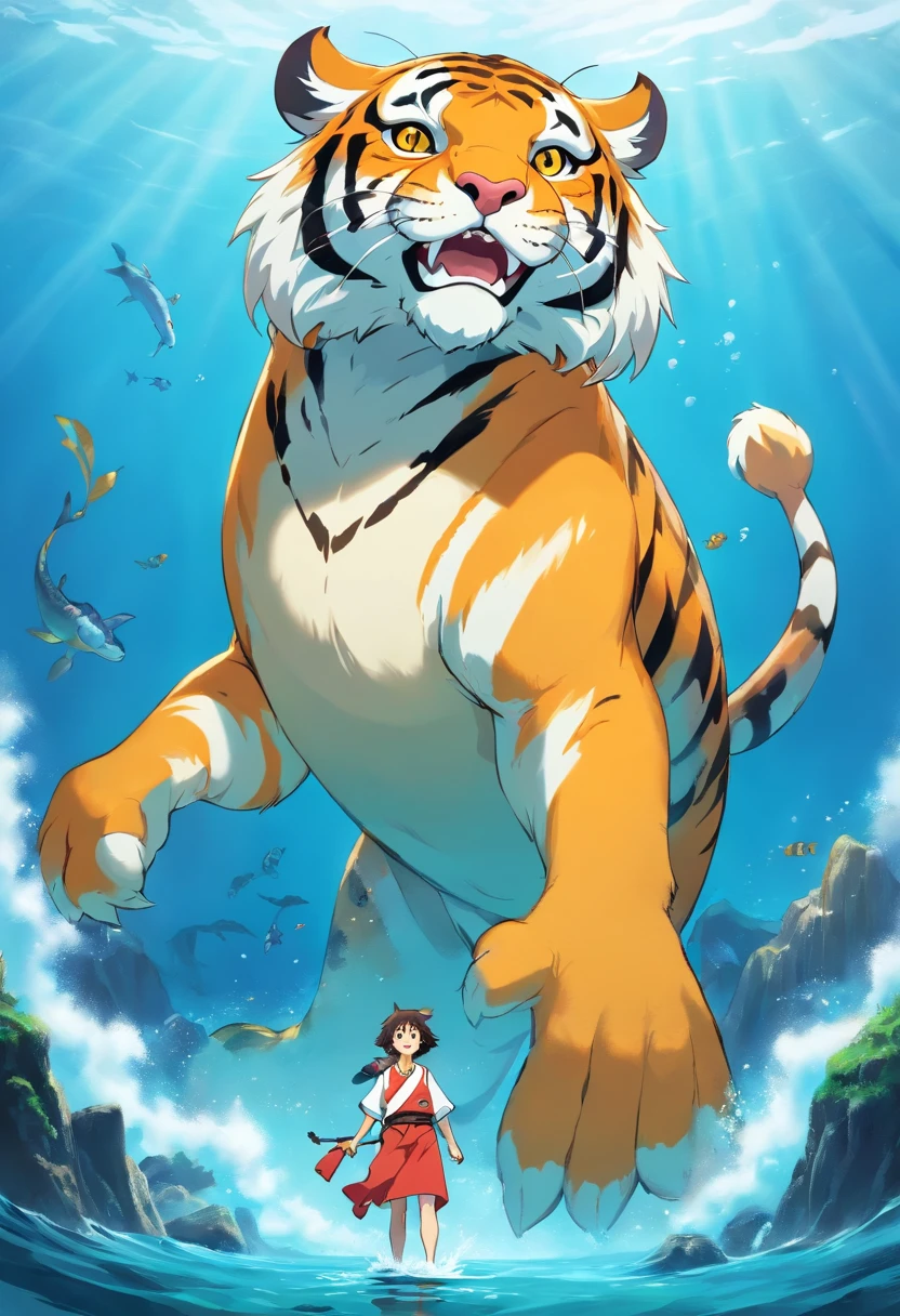 Beautiful tiger,anthropomorphic turtle,Fantastical colors,Natural,Take the Sea King Trident,Standing on the sea with your waist crossed