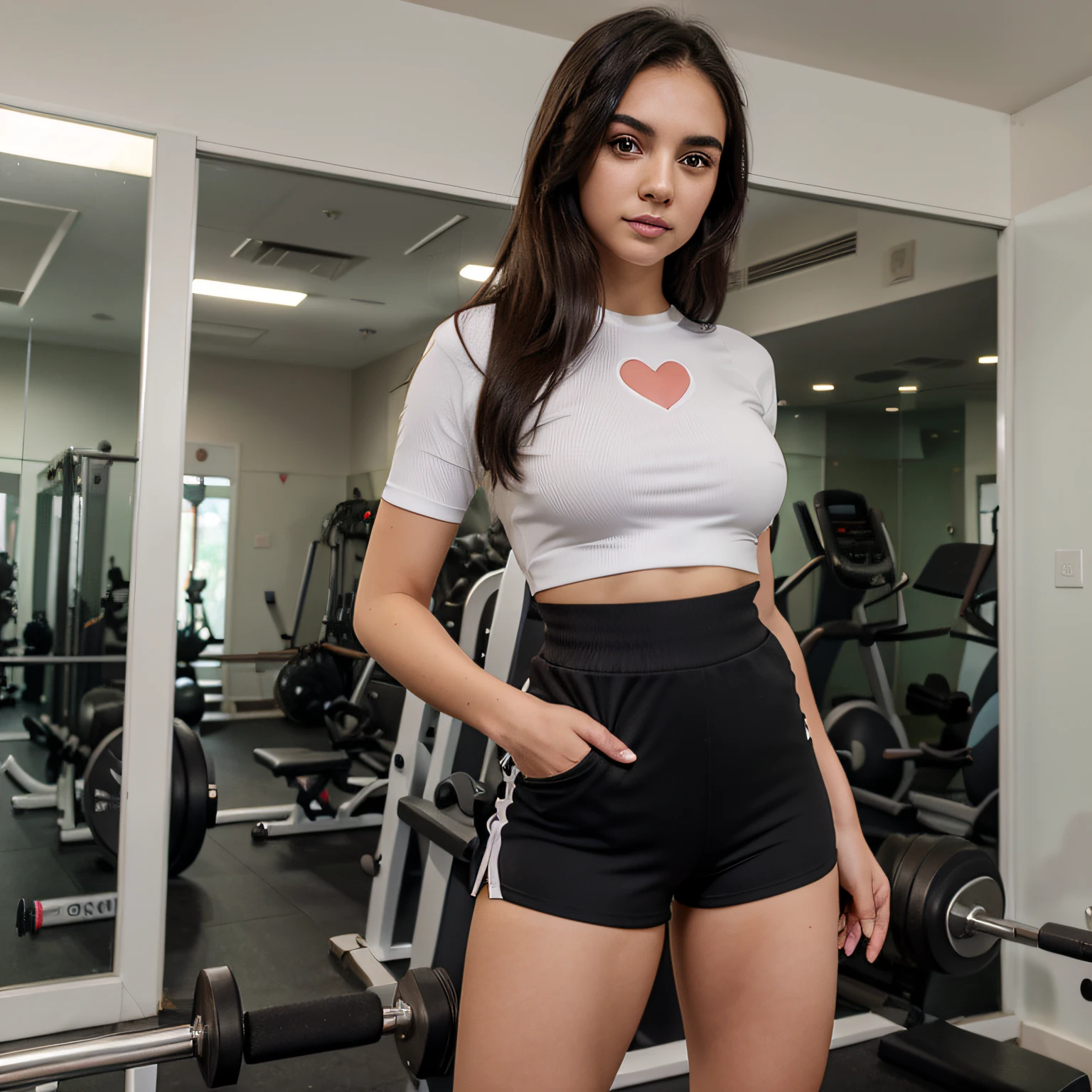 20 - 25 years old beautiful cute girl,
Heart-shaped face,
A look ahead, Bright eyes,
Non-long eyebrows,
Full body,
32k Resolution,
The quality of the photo,
Detailed face,
Detailed hair,
Dark black hair,
A gym in the background
,YEOREO Scrunch Butt Workout Shorts Women 3.5" Seamless V Cross Waist Sport Gym Amplify Shorts,
Standing