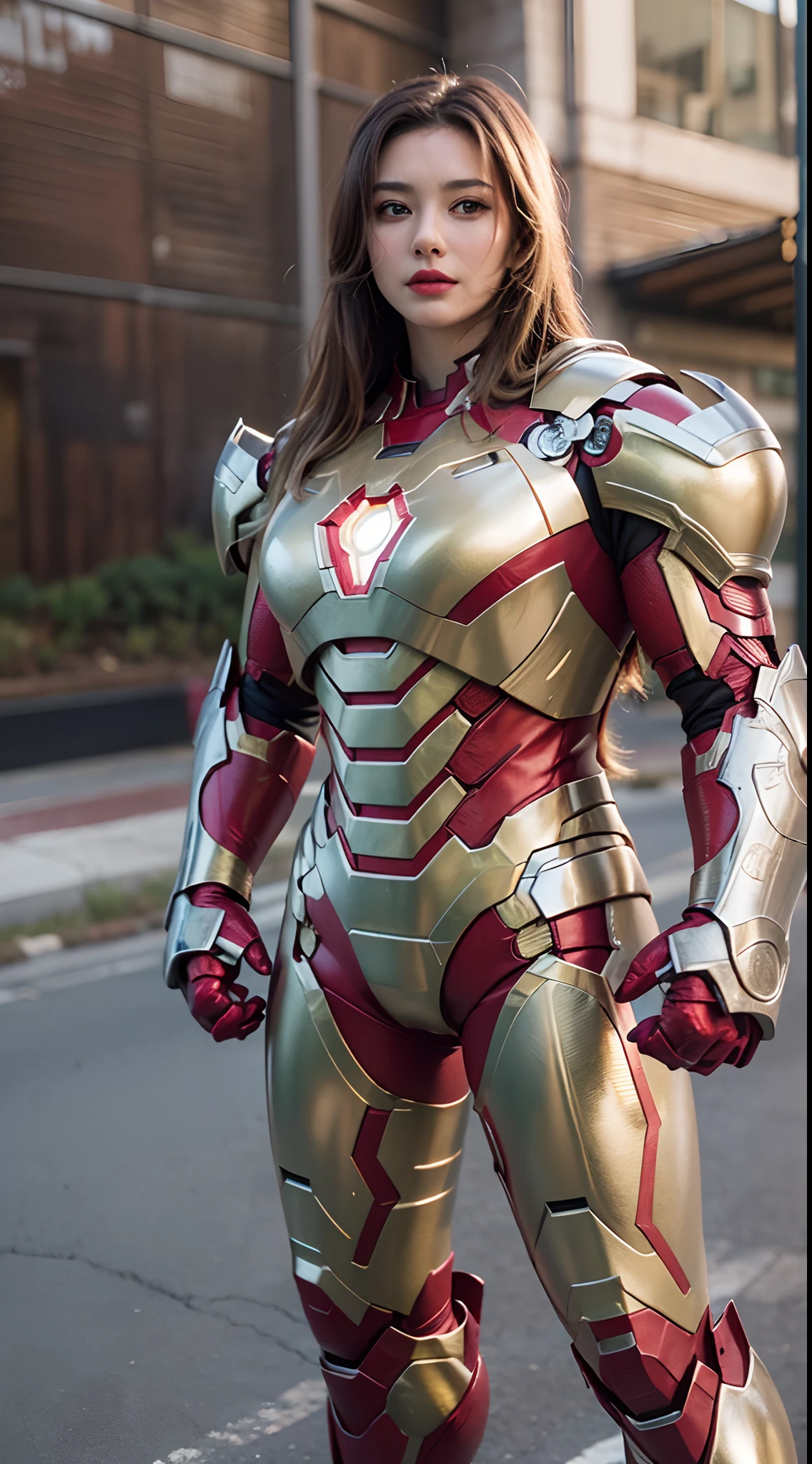 (The main subject: Wide-angle lens), Blue and red color scheme,Girl Captain America Iron Man(in a(humongous large breast)Anti-Hulk mech)，long whitr hair，ssmile,Realistic metal armor,shiny metal armor, ((Best quality,4K,8K,A high resolution,Masterpiece:1.2),(Realistic,Photorealistic,photo-realistic:1.37)).