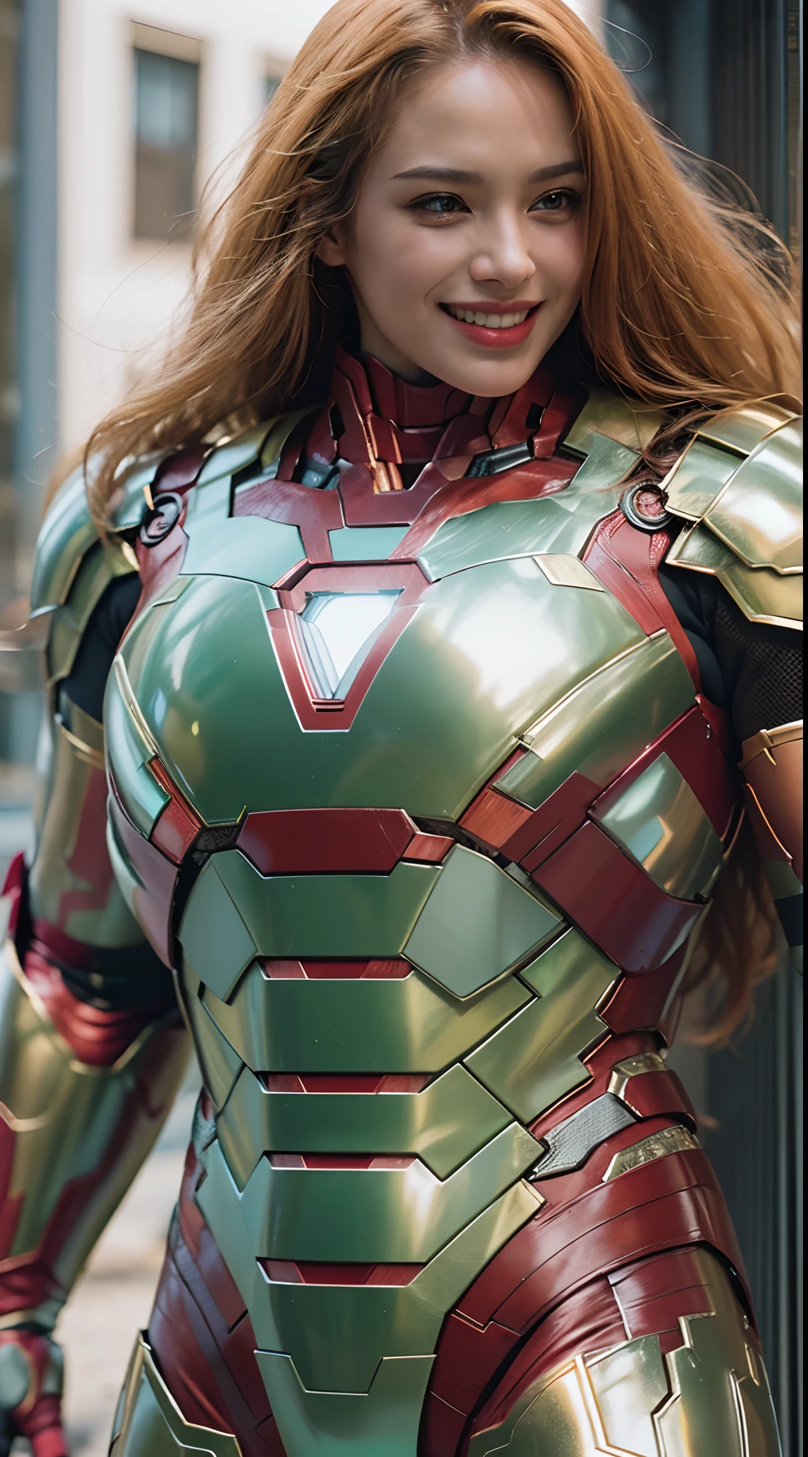 Standing in the street,Huge woman Iron Man,Anti-Hulk armor,long whitr hair,Confident and charming smile on his face,Realistic metal armor,Shiny metallic armor, ((Best quality,4K,8K,A high resolution,Masterpiece:1.2),(Realistic,Photorealistic,photo-realistic:1.37)).
