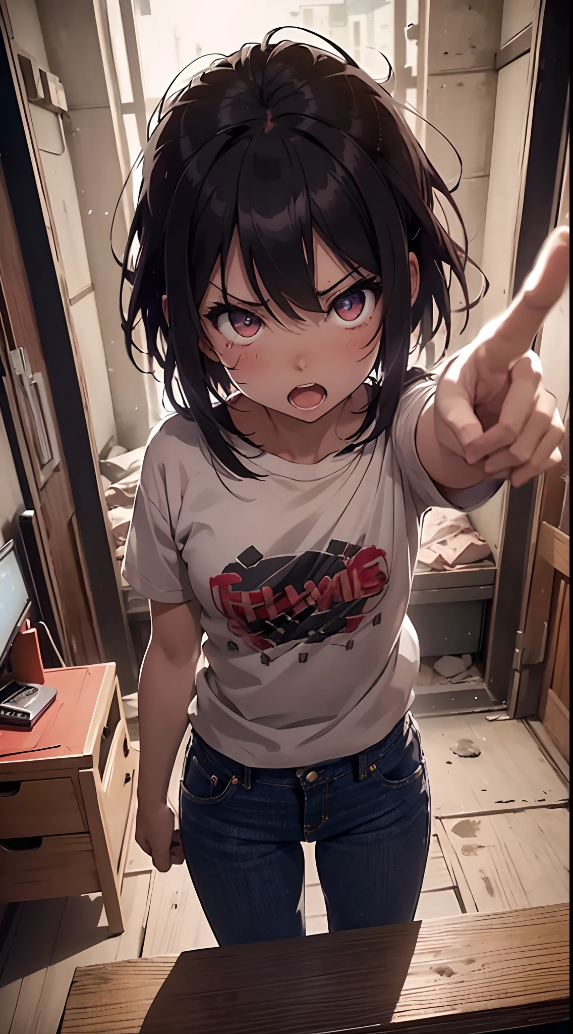 1girl in、small chamber、a bed、desk work、entranceway、The shirt、jeans、Rage Mode、Niō Standing、open open mouth、shout out、get angry、Show palms、from the front side、Front view, Upper body, point at viewer,Your name is、