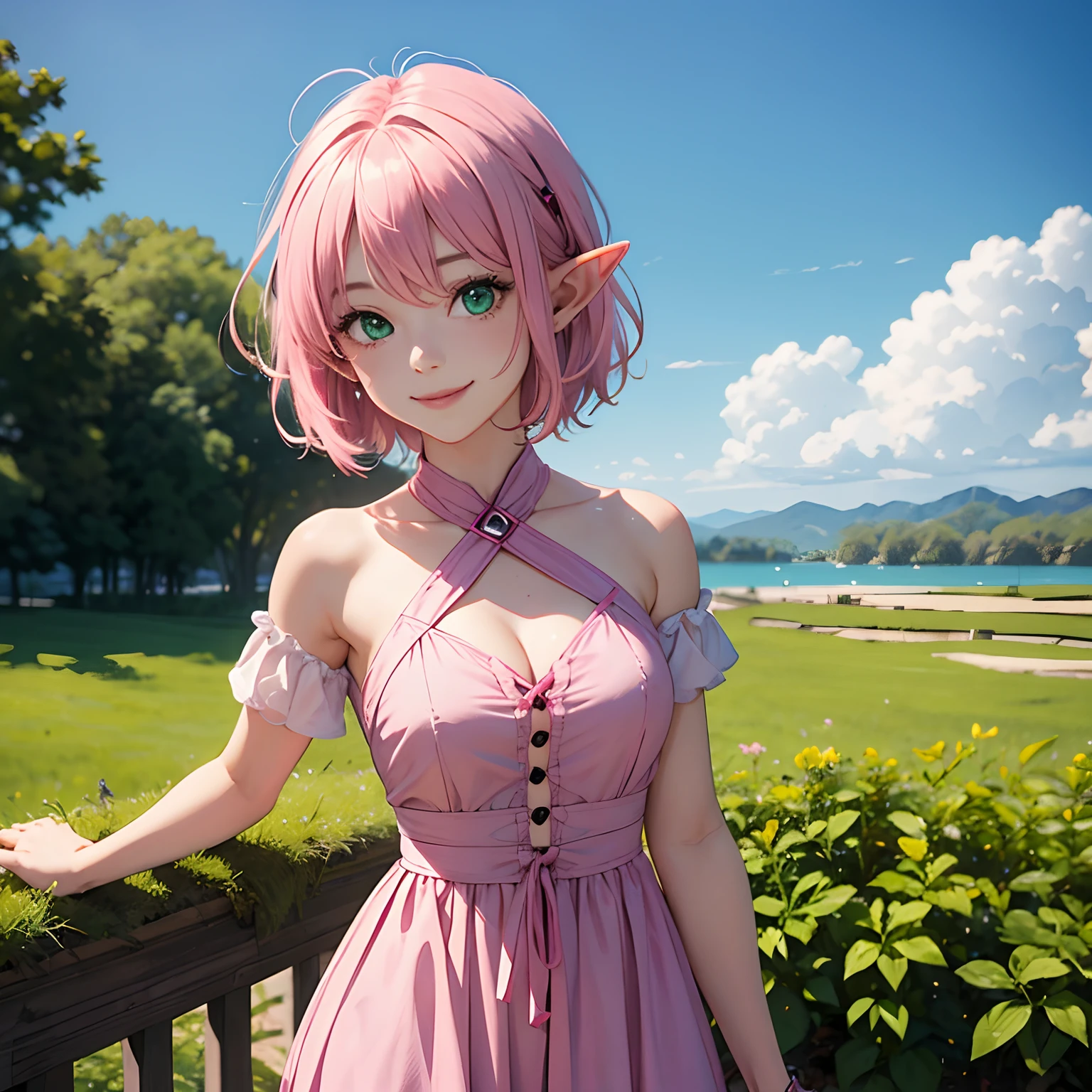 1girl, short hair, green eyes, pink hair, elf ears, medium breasts , dress, smiling