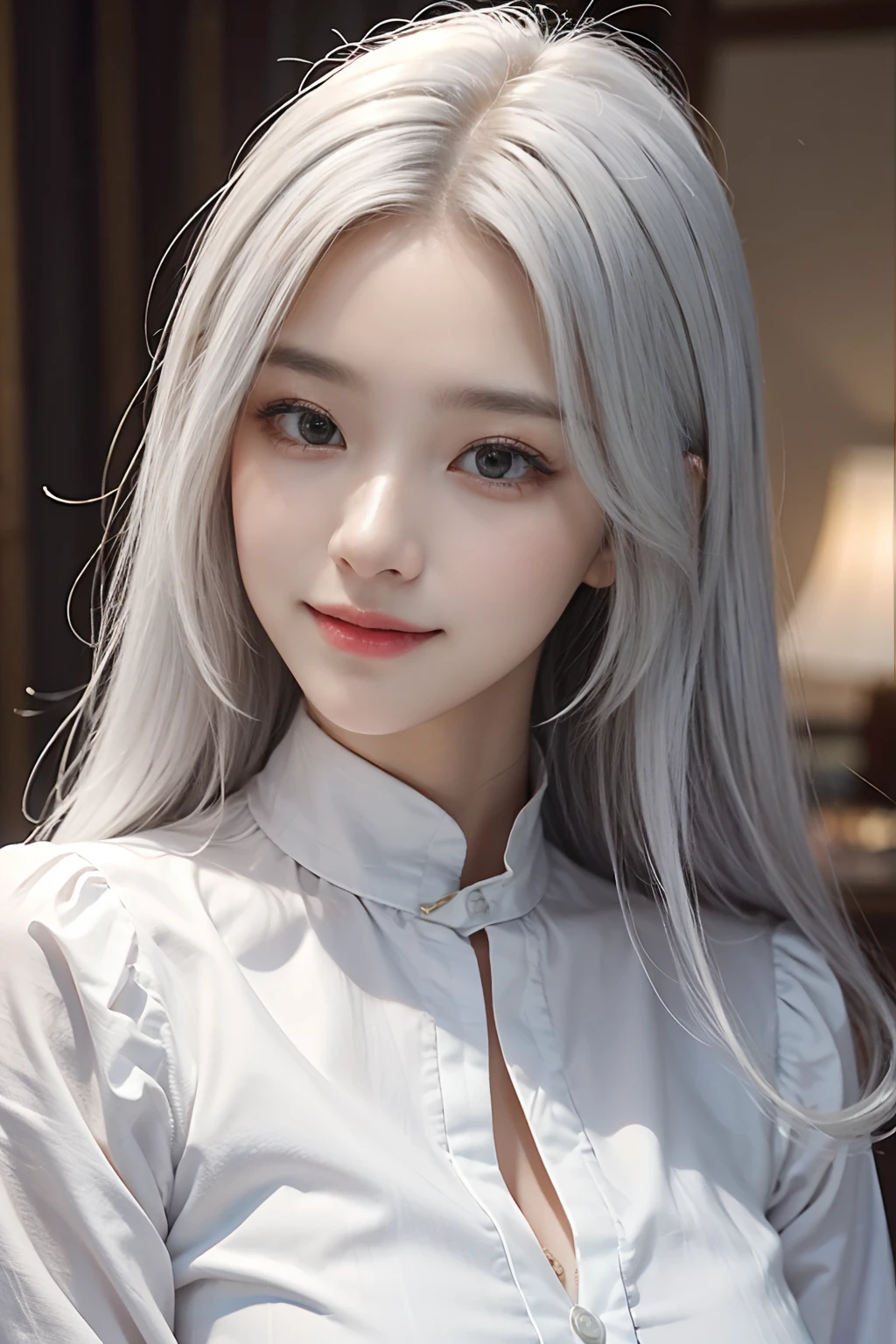 ((obra prima: 1.4))), melhor qualidade, ((realista)), High Quality Korean Beautiful White Hair Smiling For Camera