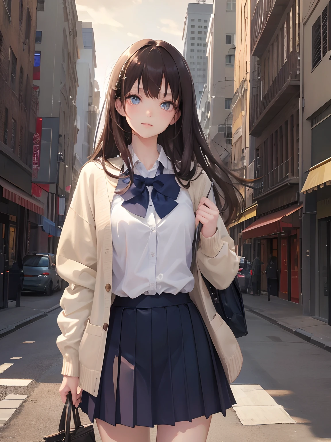masutepiece, Highest Quality, (Perfect face:1.1), (high detailing:1.1), (ultradetailed eyes), Dramatic, superfine illustration, Extremely detailed, 1girl in, (pale skin), long brown hair, Ethereal eyes, (light eyebrow), Solo, Long hair, Pouty lips, Proud Expression, Cinematic lighting, Laughing, With brown hair, Close-up of detailed expressions of affection, Alone,school uniform, knit cardigan, check skirt