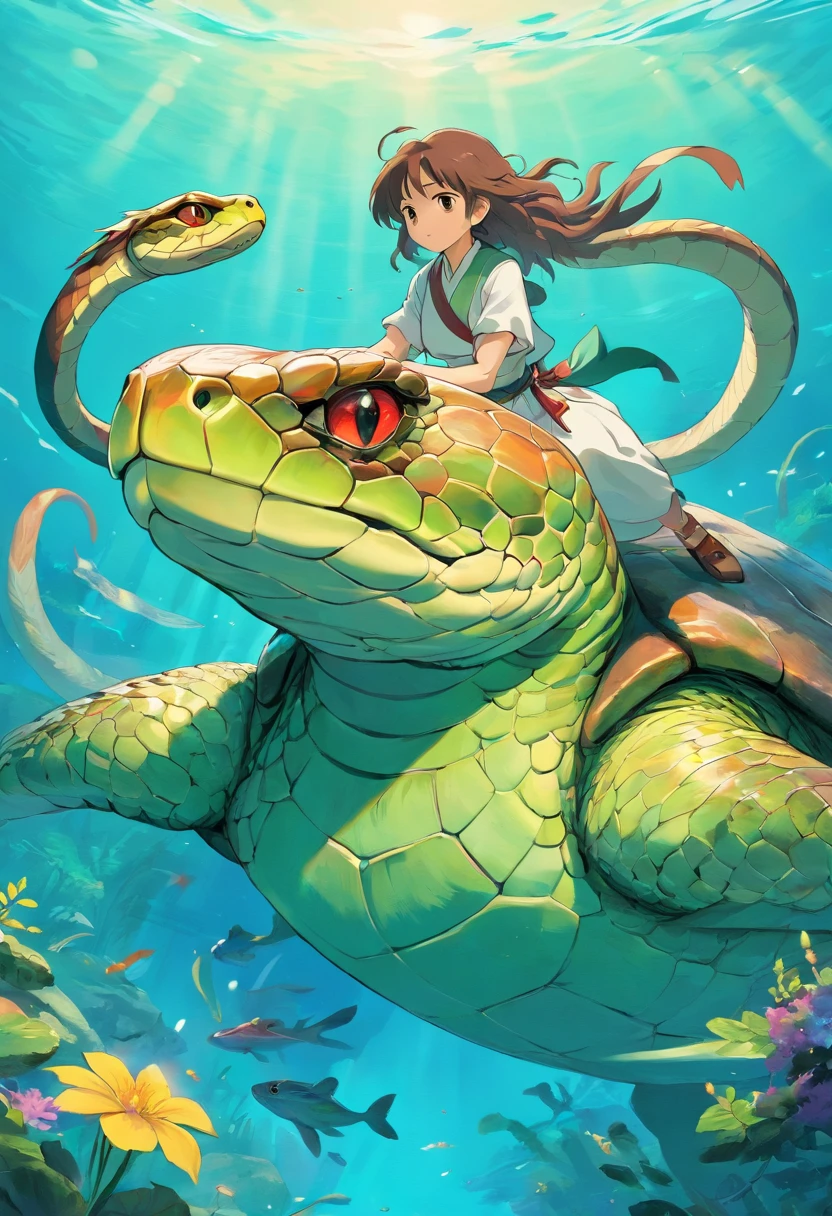 Beautiful snake,anthropomorphic turtle,Warriors,Fantastical colors,Natural,Stand on the sea with your hands crossed