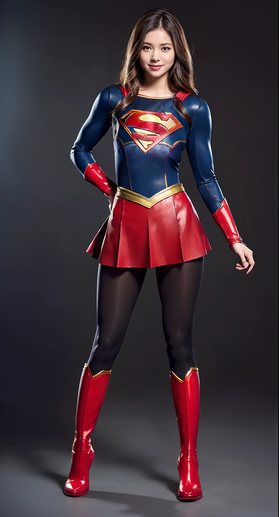 Asian Beautiful Girl、Bloody、Bleeding、Bloodbath and suffering、Done、defeated、Defeated by enemies、(((Wear black tights on your beautiful legs.)))、(((beauty legs)))、(((facial expression of smile)))、((((Make the most of the original image)))、(((Supergirl Costume)))、(((beautiful hairl)))、(((Suffering)))、(((Feet must necessarily be worn with black tights)))、(((You need to wear red boots)))、((Top image quality、8K))、((top-quality、8K、​masterpiece:1.3))、(((Keep your background simple)))、Crisp focus:1.2、Beautiful woman with perfect body shape:1.4、Slender Abs:1.2、a wet body:1.5、Highly detailed facial and skin texture、8K