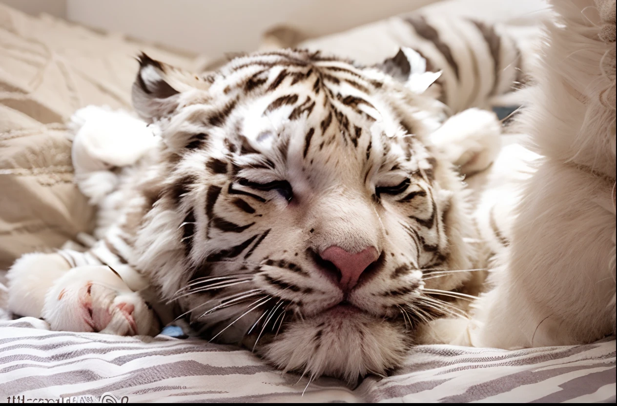 A cute baby white tiger, the kids's mobs are too big, the baby is sleeping with a soft fluffy head on the pillow.