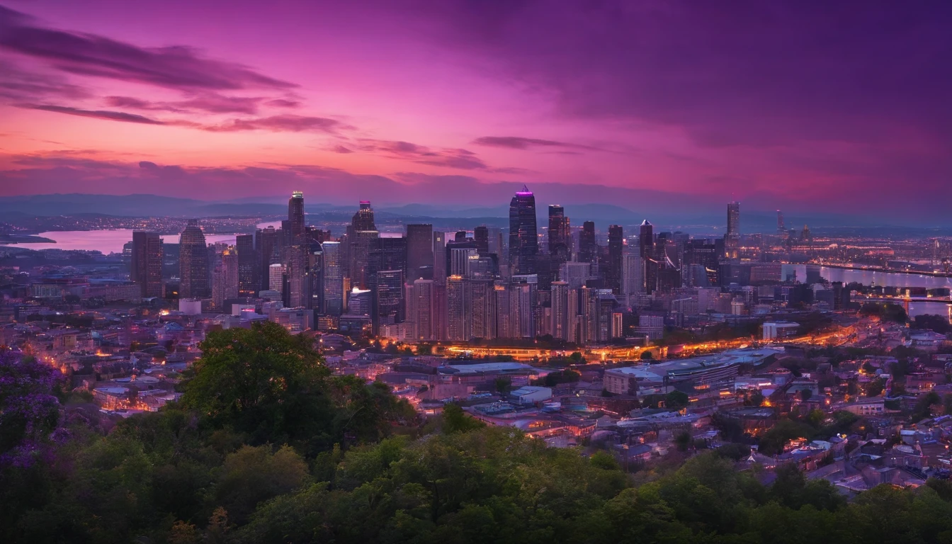 A city overlooking a purple sky