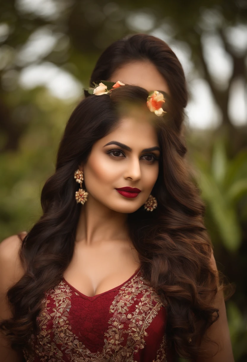 Indian female model rubina tandon, look at viewer, French braid hair , flower Halter Dress, cleavage, garden landscape design, (rim light), dark red lips, big natural lips