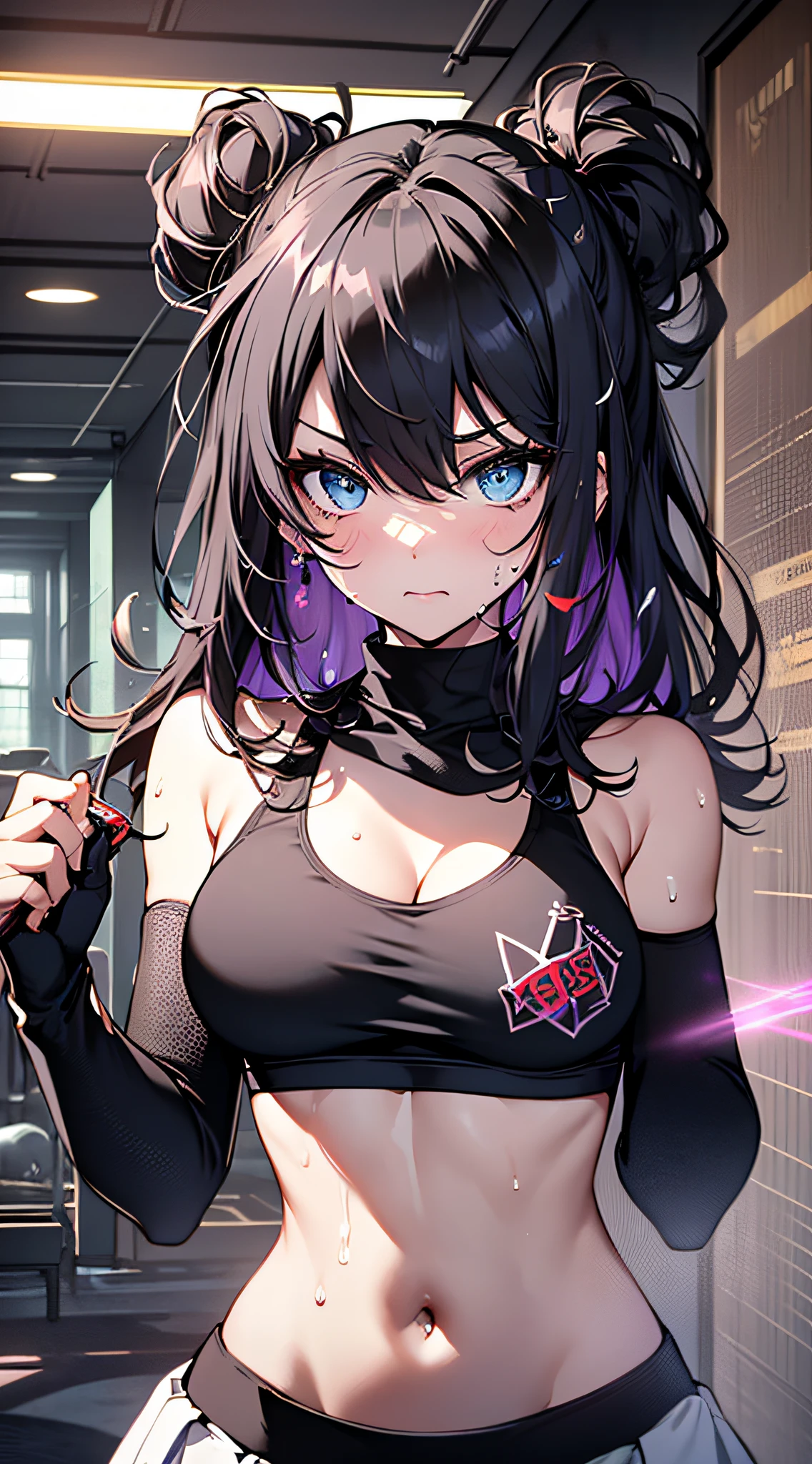 top-quality、Top image quality、masterpiece、girl with((cute little、18year old、Best Bust、Medium bust、Bust 85,Beautiful blue eyes、Breasts wide open,Long Black Hair、A slender、Middle knot、Black Sports Bra、White short skirt,Reflecting the whole body、Black perforated gloves、Sweating、Tired face、Splattering sweat、all-fours、emphasis on the buttocks))hiquality、Beautiful Art、Background with((clubhouse、Blue lighting、Purple Laser Illumination、Red laser illumination,Yellow laser illumination,fitness club、natta、Virtual Worlds)),masutepiece、Elaborate design、visualart、depth of fields、The best lighting、highestdetailed、8k,Super delicate