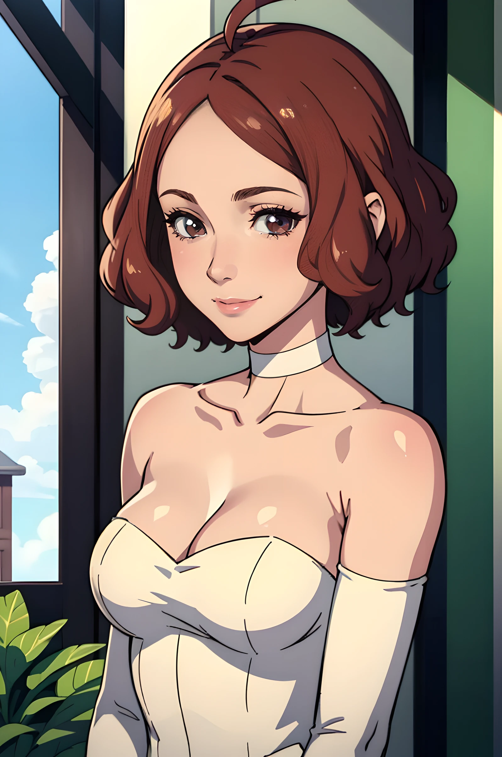 There is a woman in a tie and shirt, close up half body shot, Revealing clothes, upper body closeup, cleavage, close up bust shot, Open V chest clothes, full-body close-up shot, wearing in shirt, Open Shirt, hints of yayoi kasuma, upper body close - up, up close shot, tied - up shirt, Haru Okumura, hair between eye, Ahoge, Brown hair, Star \(symbol\), Hair Ornament, Dress, cleavage, Bare shoulders, 鎖骨, Long white elbow gloves, White Gloves, White Dress, White choker, Strapless, tiarra, veils, straplessdress, wedding dress, Bridal Veil, Beautiful woman, Perfect body, Perfect breasts, wearing a wedding dress, ballgown, Trees in the park々Inside, Wedding Decorations, Smile in love, Realism, masutepiece, Textured skin, Super Detail, high detailing, High quality, Best Quality, 1080p, 16 K