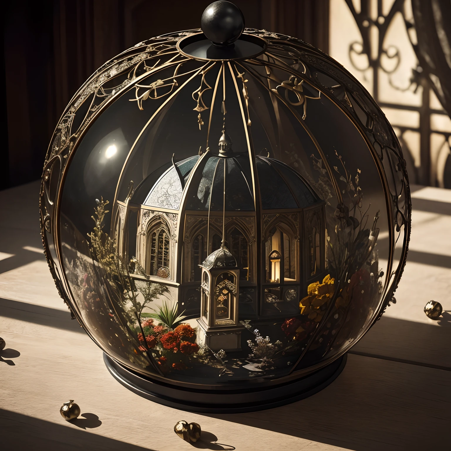 inside a glass ball, The Gothic lantern stands alone,  autumn,Aesthetics of autumn,High detail and elaboration,photo realism,Cinematic shot,12), floral embroidery, grunge, glass, Dark Botanical, digital arts, Pixel Exploration, higly detailed, a lot of details, made of glass and stone, intricate details, Bohemian, elegant, aesthetic, Line-out, Mysticism, surrealism, Realistic, hiquality, work of art, in the style of DOLCE & Gabbana, hyper-detailing,
professionally, Filigreno