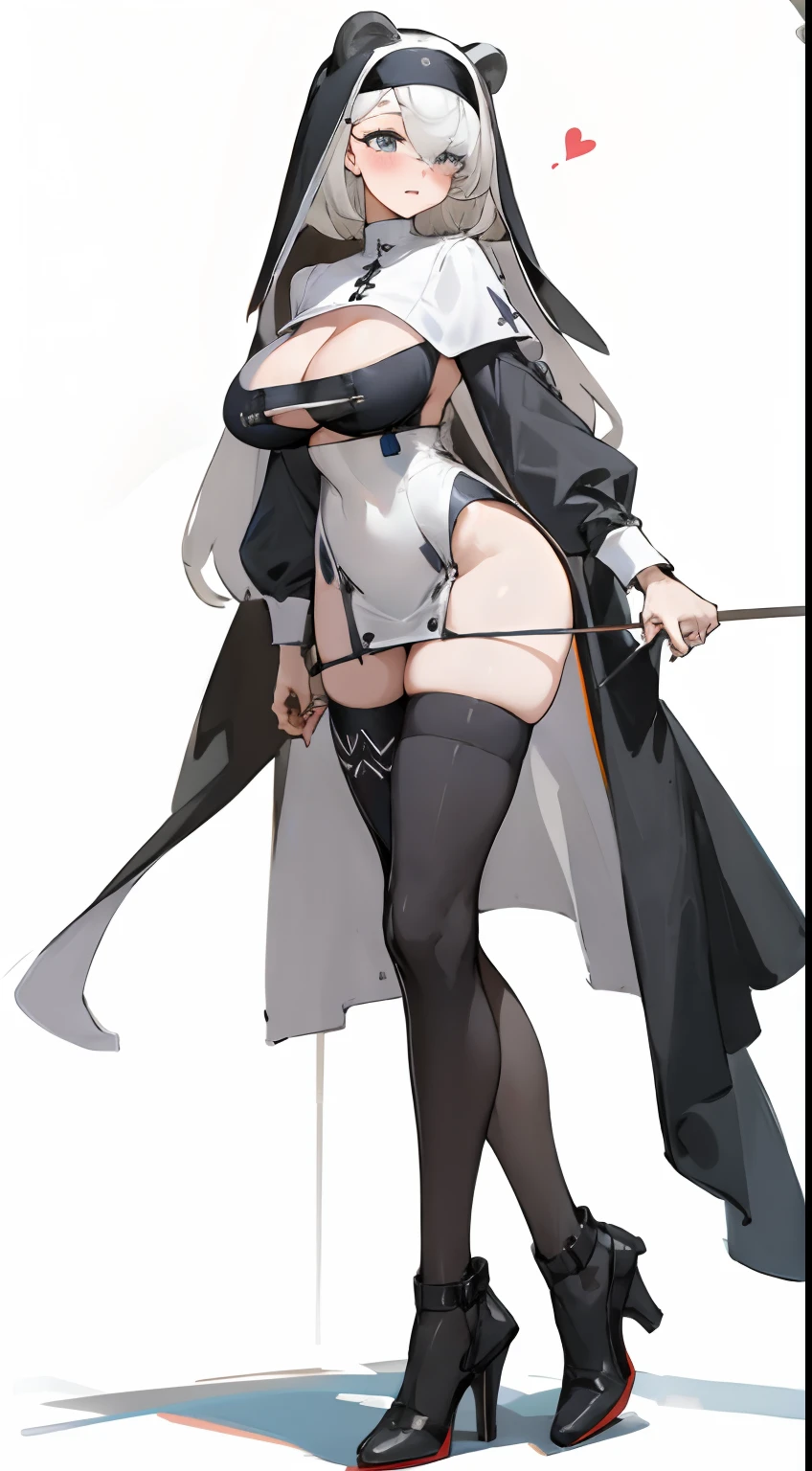 Bigboobs，cropped shoulders，White knee-length stockings，Nun dress，Stand up，standing straight，high-heels ，lewd nun