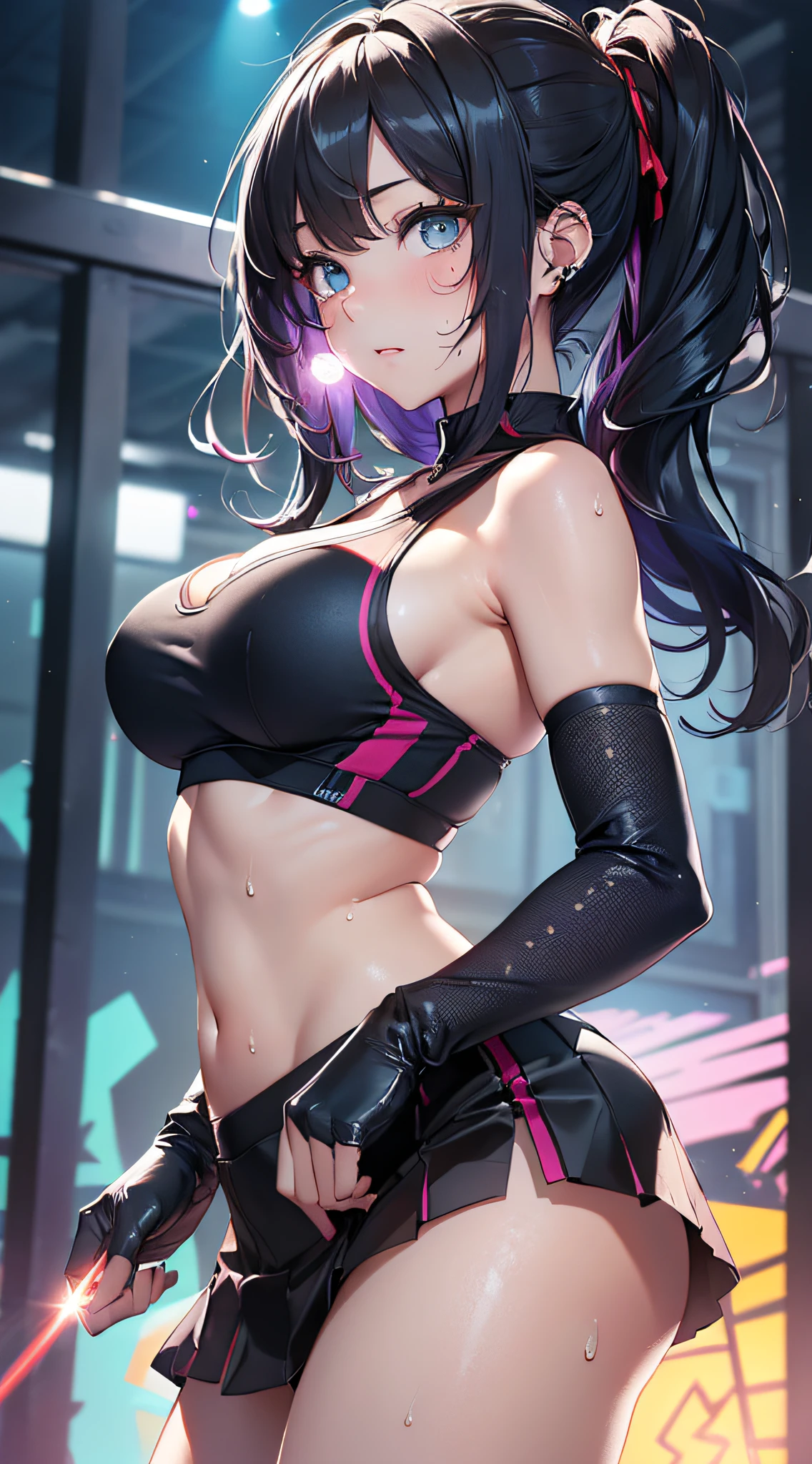 top-quality、Top image quality、​masterpiece、girl with((cute little、18year old、Best Bust、Medium bust、Bust 85,Beautiful blue eyes、Breasts wide open,Long Black Hair、A slender、Middle knot、Black Sports Bra、White short skirt,Reflecting the whole body、Black perforated gloves、Sweating、turned around、Splattering sweat、dance、emphasis on the buttocks)）hiquality、Beautiful Art、Background with((clubhouse、Blue lighting、Purple Laser Illumination、Red laser illumination,Yellow laser illumination,fitness club、natta、Virtual Worlds)),masutepiece、Elaborate design、visualart、depth of fields、The best lighting、highestdetailed、8ｋ,Super delicate
