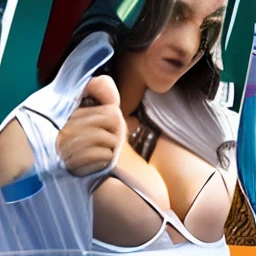 ((Best quality, 8k, Masterpiece: 1.3)), Sharp focus: 1.2, A beautiful woman with perfect body: 1.4, Slim abdomen: 1.2, ((Layered haircut, Large breasts: 1.2)), (no bra) (Small and beautiful hard nipple) (Thin and damp button up to shirt length: 1.1), (White shirt wet by rain), (Rain, Street: 1.2), Wet body: 1.1, Highly detailed face and skin texture, Detailed eyes, Double eyelid, tanned skin, sexy, tan, dark skin, tanned body, exposed shoulders, cleavage