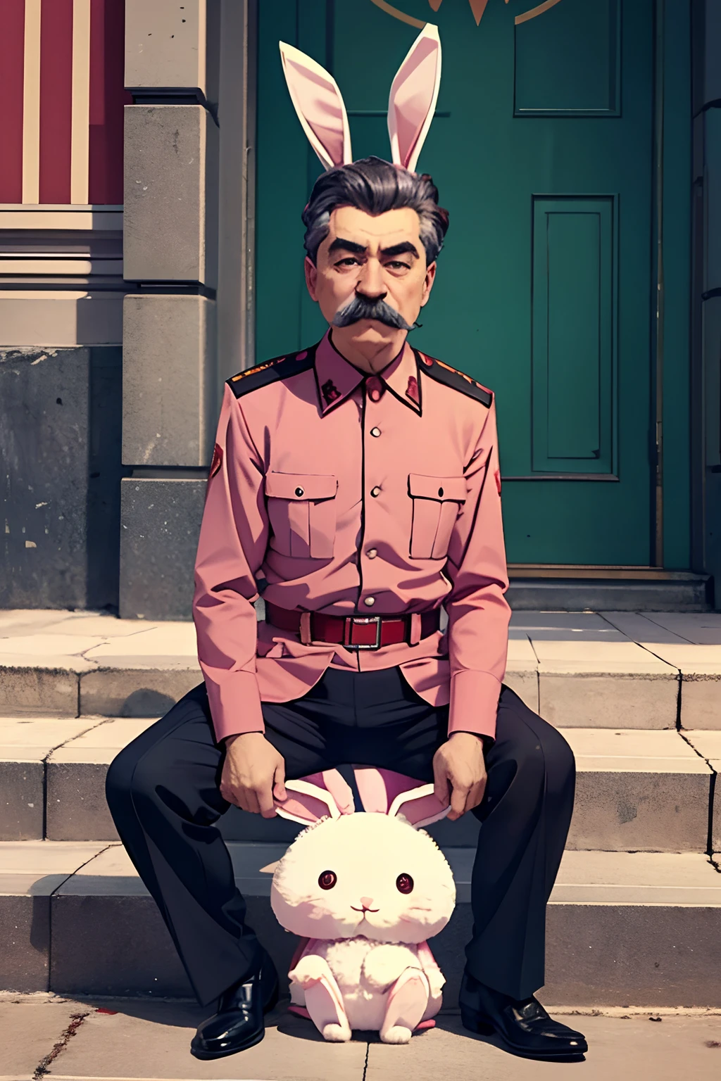 Stalin as senpai guy wearing rabbit form with bunny ears, Joseph Stalin in cosplay rabbit uniform meets world leaders in 1945, very pink, cute, fine texture, smooth, cute, incredibly lifelike, historical colorized photo.