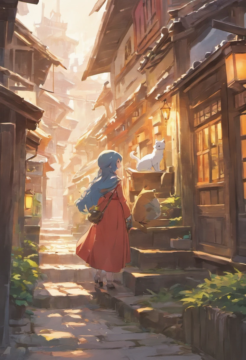 Girl with a cat in the village