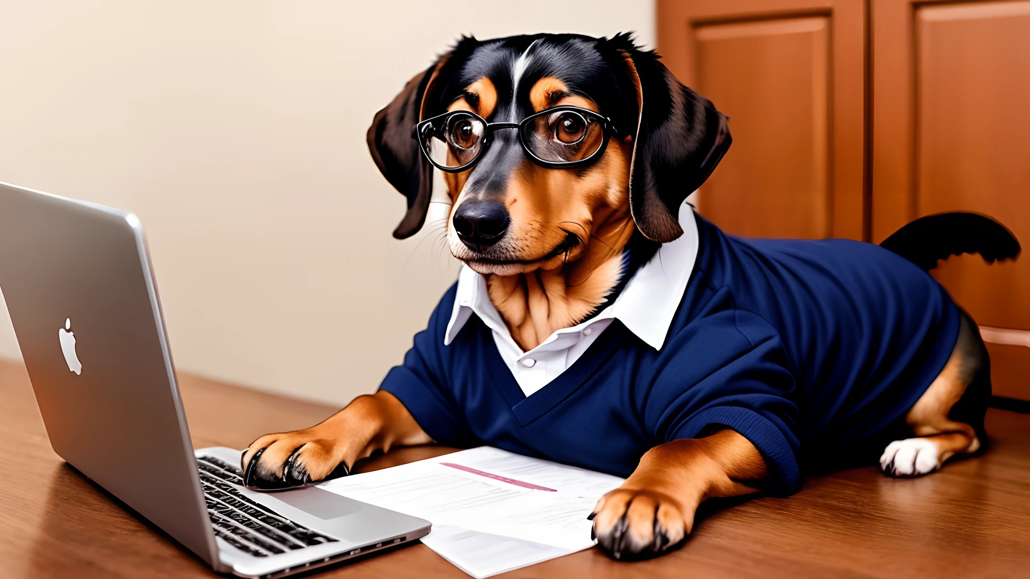 Fat dachshund dog in clothes with glasses on doing his taxes
