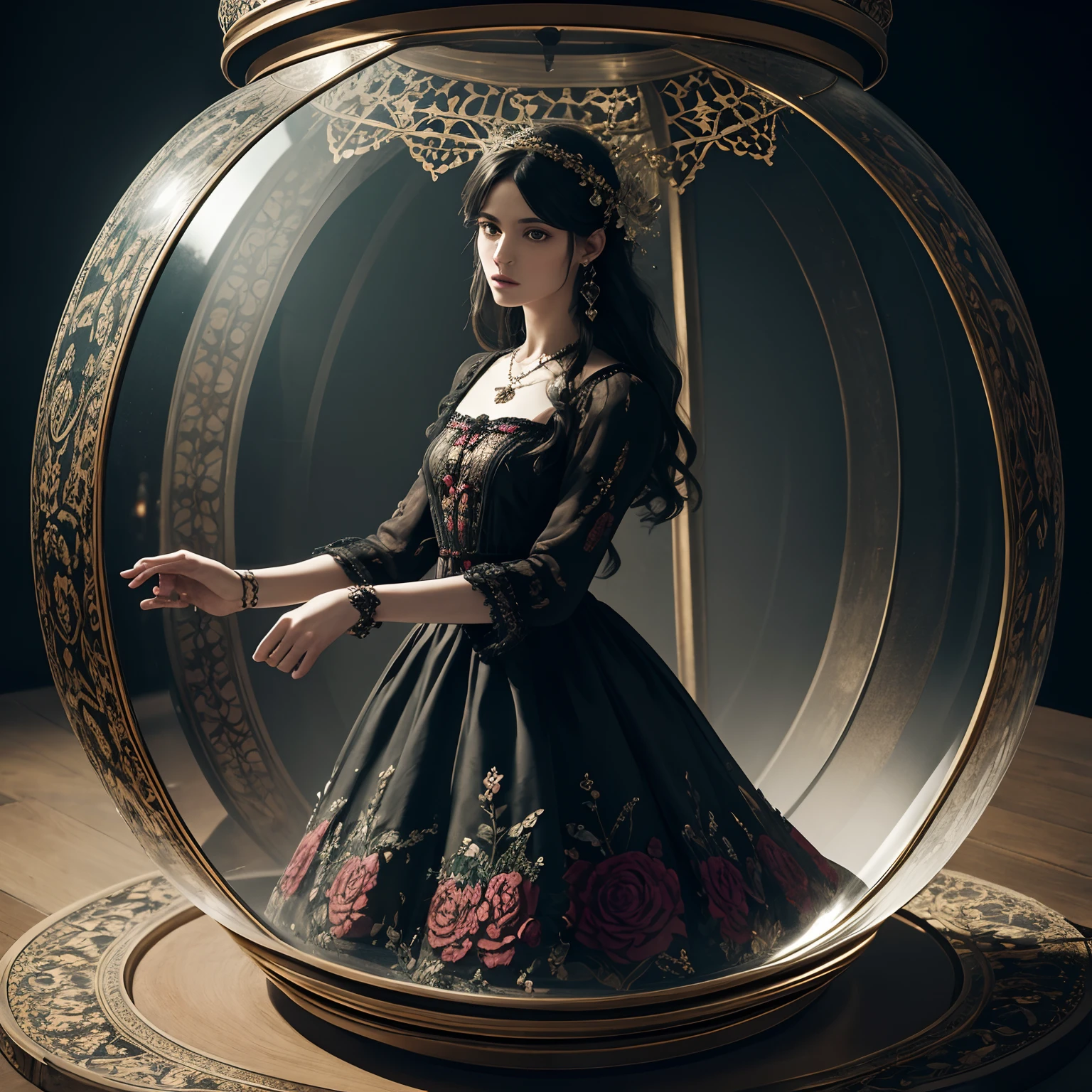 inside a glass ball, The Gothic lantern stands alone,  autumn,Aesthetics of autumn,High detail and elaboration,photo realism,Cinematic shot,12), floral embroidery, grunge, glass, Dark Botanical, digital arts, Pixel Exploration, higly detailed, a lot of details, made of glass and stone, intricate details, Bohemian, elegant, aesthetic, Line-out, Mysticism, surrealism, Realistic, hiquality, work of art, in the style of DOLCE & Gabbana, hyper-detailing,
professionally, Filigreno