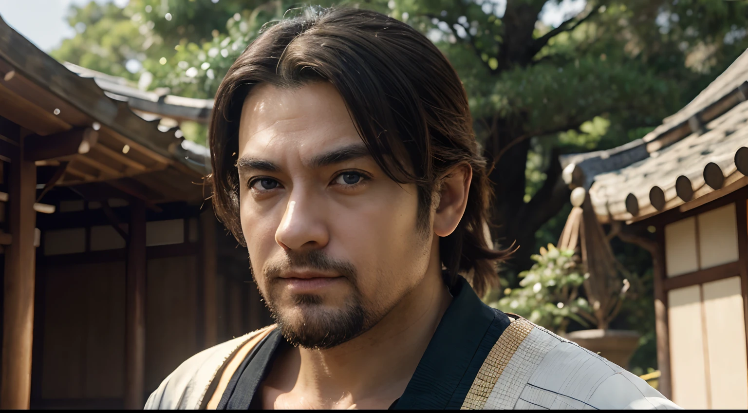 (hiquality, Masterpiece, Japanese anime, two-dimensional, Beautiful eyes, extremely detailed background, 8k wallpaper, extremely detailed face) Uncle, slightly chubby body, Strong muscles, beard, Reassuring eyes, light eyes, blue eyes, Mature & Steady, sophisticated, white short sleeves, onmyoji portrait, Miyamoto Musashi, detailed anime character art, Background for the pavilion