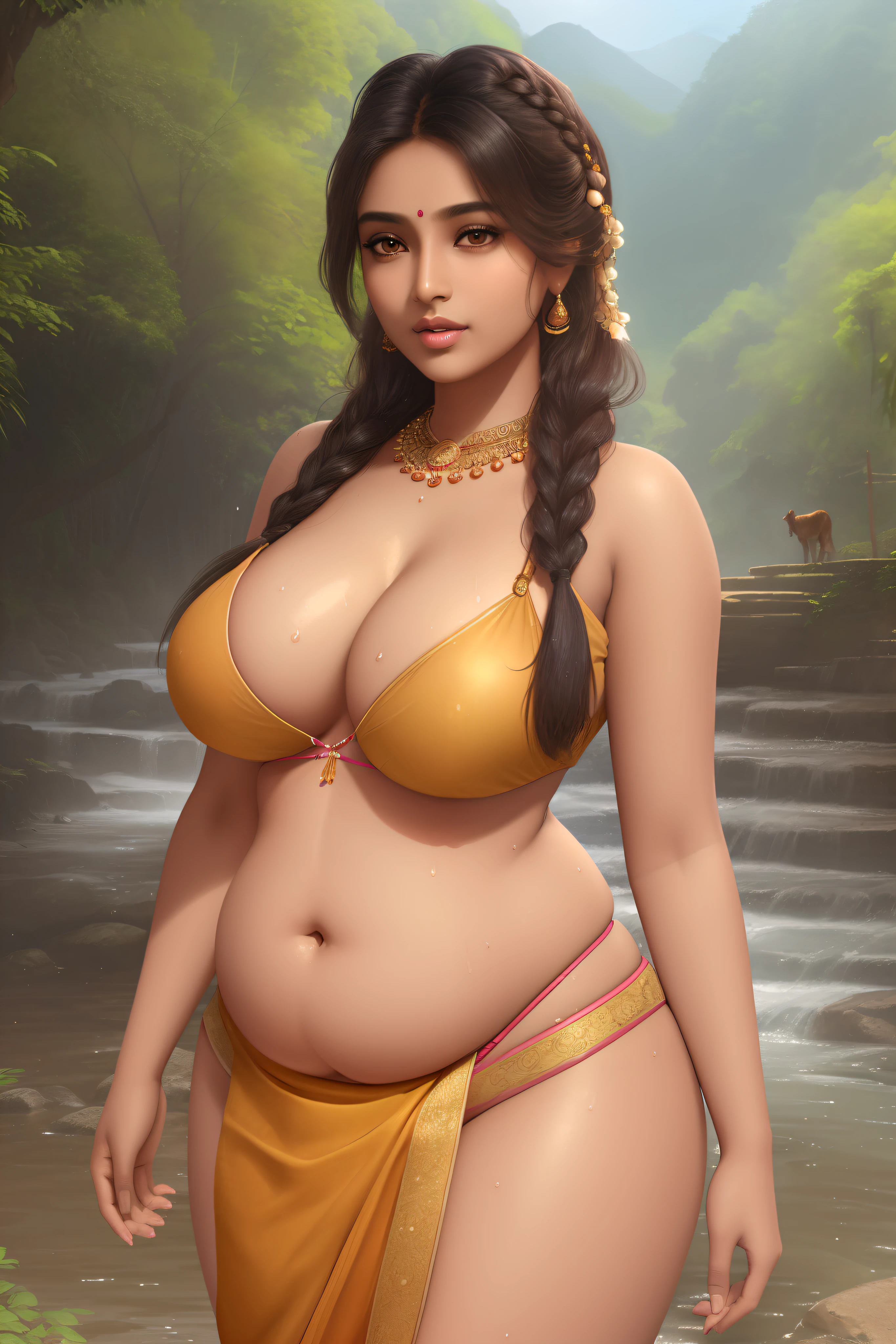 Beautiful young indian woman, village, wearing small cloth and wet bra, river and forest landsape, teen age, detailed face, detailed body, symmetric face, cute, iconic, photorealistic, big breasts, big belly, curvy body, braid hair, masterpiece, 8k, ultra realistic, detailed background, palace, god rays, ambient occlusion