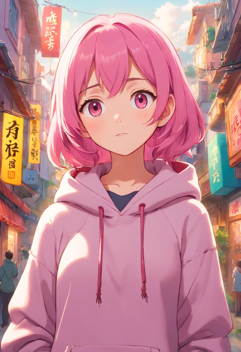 A pink-haired、Wearing a hoodie