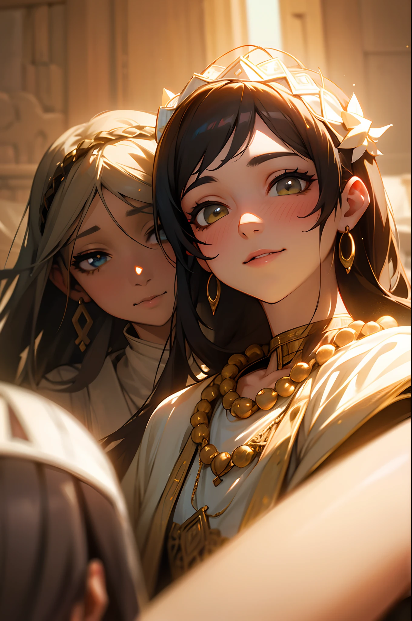high quality, ultra-realistic, closeup portrait of two Beautiful women of ancient Mesopotamia, leering:1.4,dynamic pose,ancient Mesopotamian civilization, Babylonia, Uruk, tunics of various lengths, linen garments, agate necklaces,translucent paisley clothing, Kaunakes, bronze ware, a little smile, high adobe walls, luminism, 3d render, octane render, cinematic, Isometric, awesome full color, 8K Ultra HD, by yukisakura, high detailed,