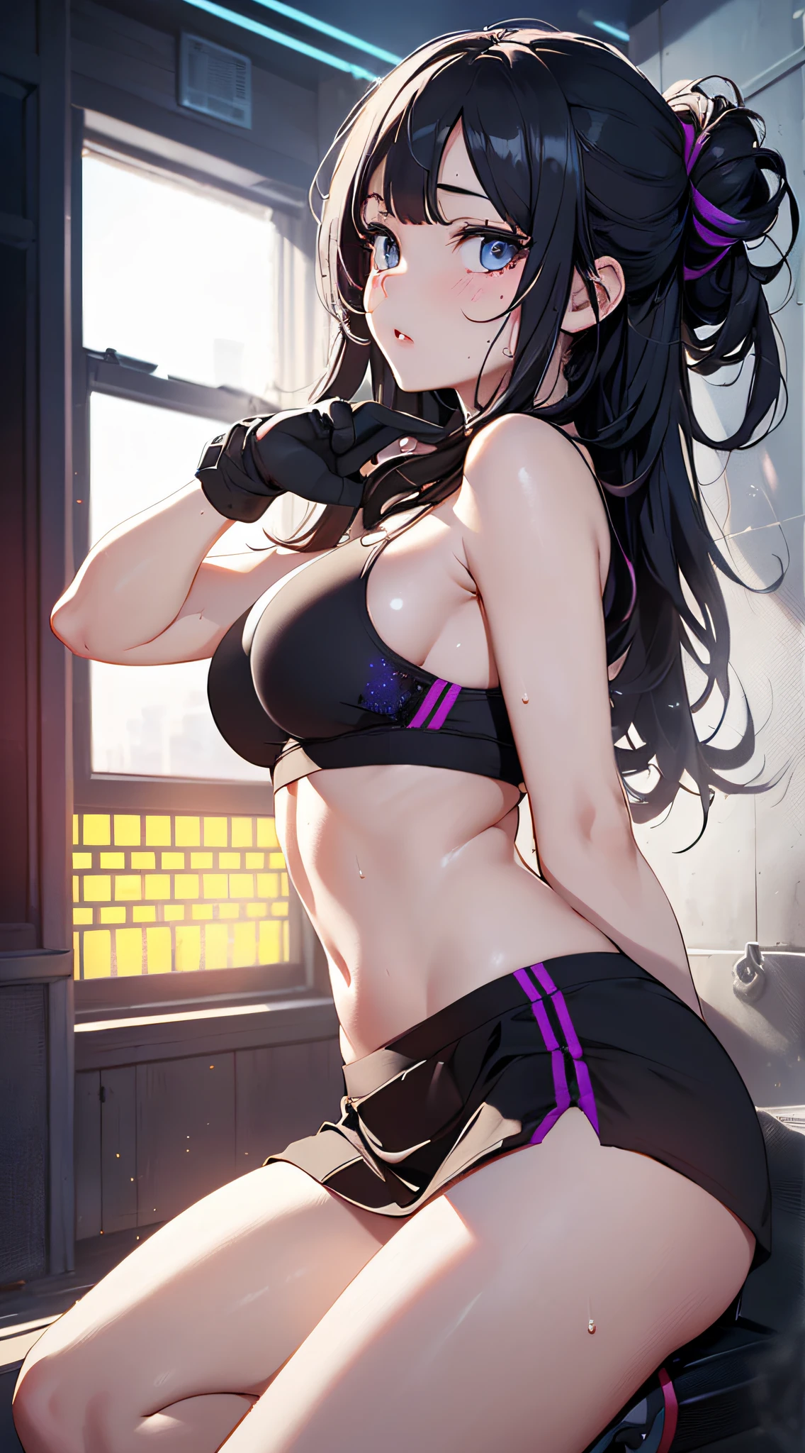 top-quality、Top image quality、​masterpiece、girl with((cute little、18year old、Best Bust、Medium bust、Bust 85,Beautiful blue eyes、Breasts wide open,Long Black Hair、A slender、Middle knot、Black Sports Bra、White short skirt,Reflecting the whole body、Black perforated gloves、Sweating、Tired face、Splattering sweat、sit in、emphasis on the buttocks)）hiquality、Beautiful Art、Background with((clubhouse、Blue lighting、Purple Laser Illumination、Red laser illumination,Yellow laser illumination,fitness club、natta、Virtual Worlds)),masutepiece、Elaborate design、visualart、depth of fields、The best lighting、highestdetailed、8ｋ,Super delicate