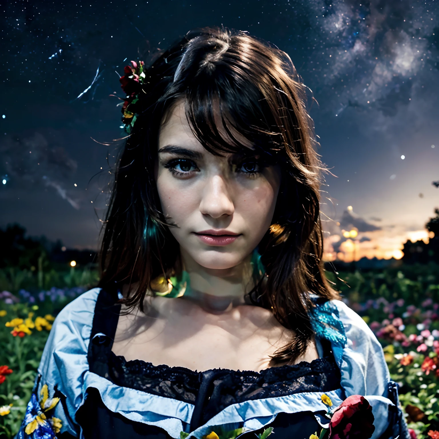 top quality, high_resolution, distinct_image, detailed background, girl, flower, garden, starry sky,
