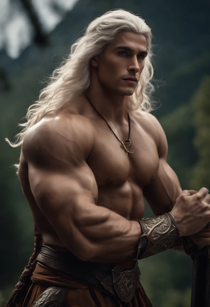 8k, masterpiece, RAW photography, best quality, photorealistic, highly detailed CG unity 8k wallpaper, depth of field, cinematic light, raw, (extremely beautiful and charismatic face, beautiful eyes), intricately detailed face, (ultra detailed skin), 1 man, in nature, in deep shadows, elven male Hercules Zeus Apollo, elf ears, (very strong and muscular body:1.3), (topless), (great determined look) :1.3), (shirtless), (ruined sky temple, blurred background), barechest, silver obsidian kilt, long white hair, full-body, dramatic light, storm and thunder