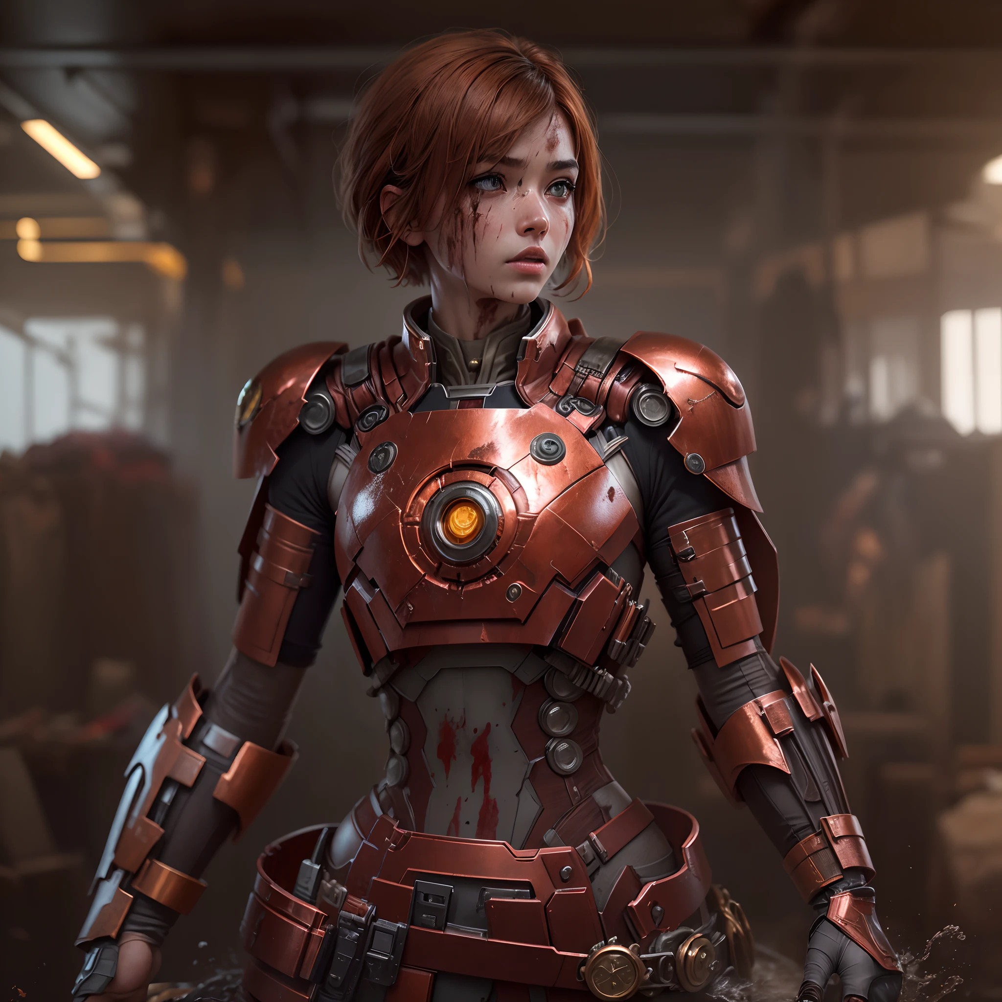 steampunc,Copper and brass materials,Jedi Girl Iron Man MK2 type armor，(short detailed hair),In fantasy scenarios。(Splashing blood),(battle scars),(dust cloud).(Best quality,4K,8K,A high resolution,Masterpiece:1.2),(Realistic,Photorealistic,photo-realistic:1.37)