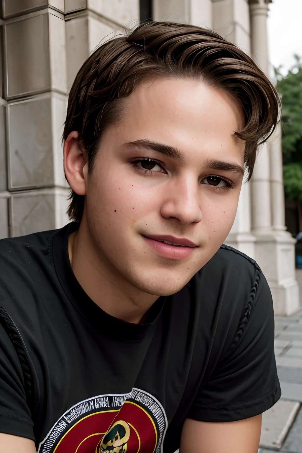 realistic,masterpiece,best quality,cinematic,dynamic lighting,soft shadow,highest detail,professional photography,detailed background,depth of field,insane details,intricate,aesthetic,detailed face,subsurface scattering,realistic hair,realistic eyes,1boy,slim,portrait photo of a grinning (dg_ShawnPyfrom) wearing black/red t-shirt,crewcut hair,stubble,upper body,arms folded,